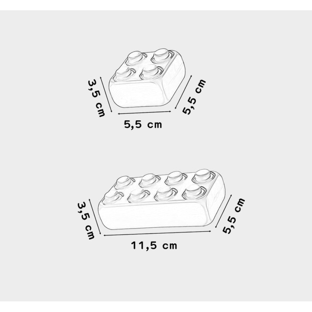 Dwa klocki konstrukcyjne pokazane z wymiarami. Góra: 5,5x5,5x3,5 cm. Dół: 11,5x5,5x3,5 cm.