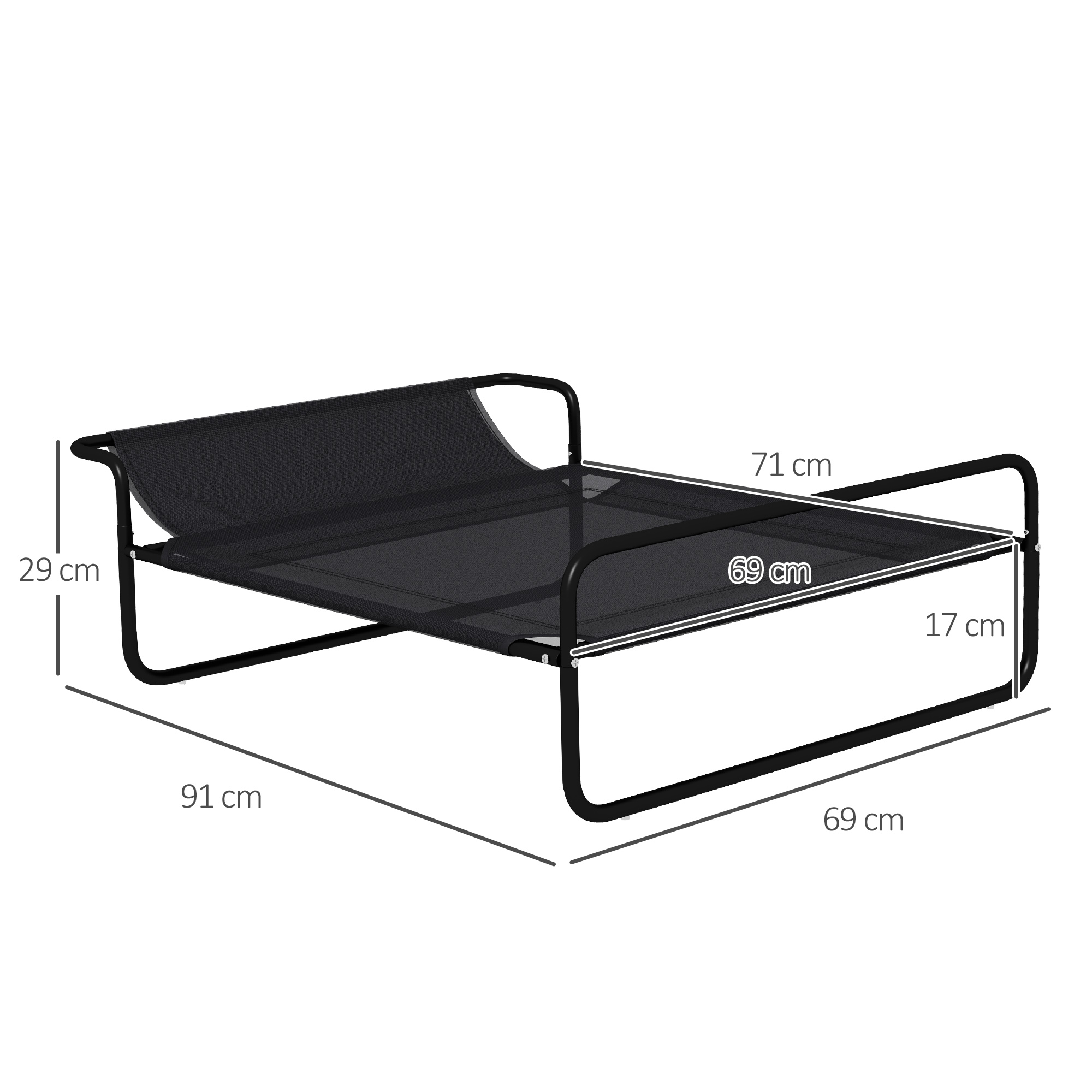Una estructura de cama de metal negro con malla de tela y etiquetas de dimensiones.
