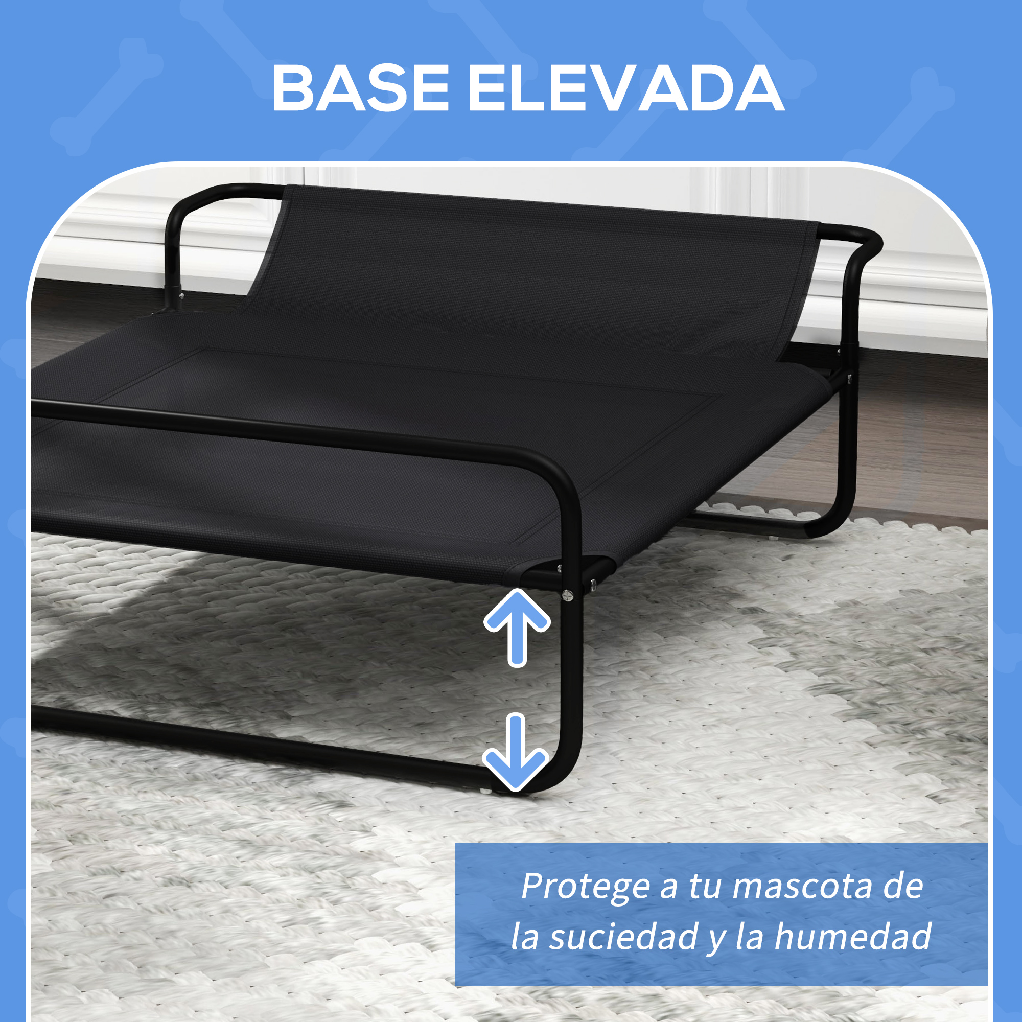 Una cama elevada negra para mascotas con marco de metal sobre una alfombra.