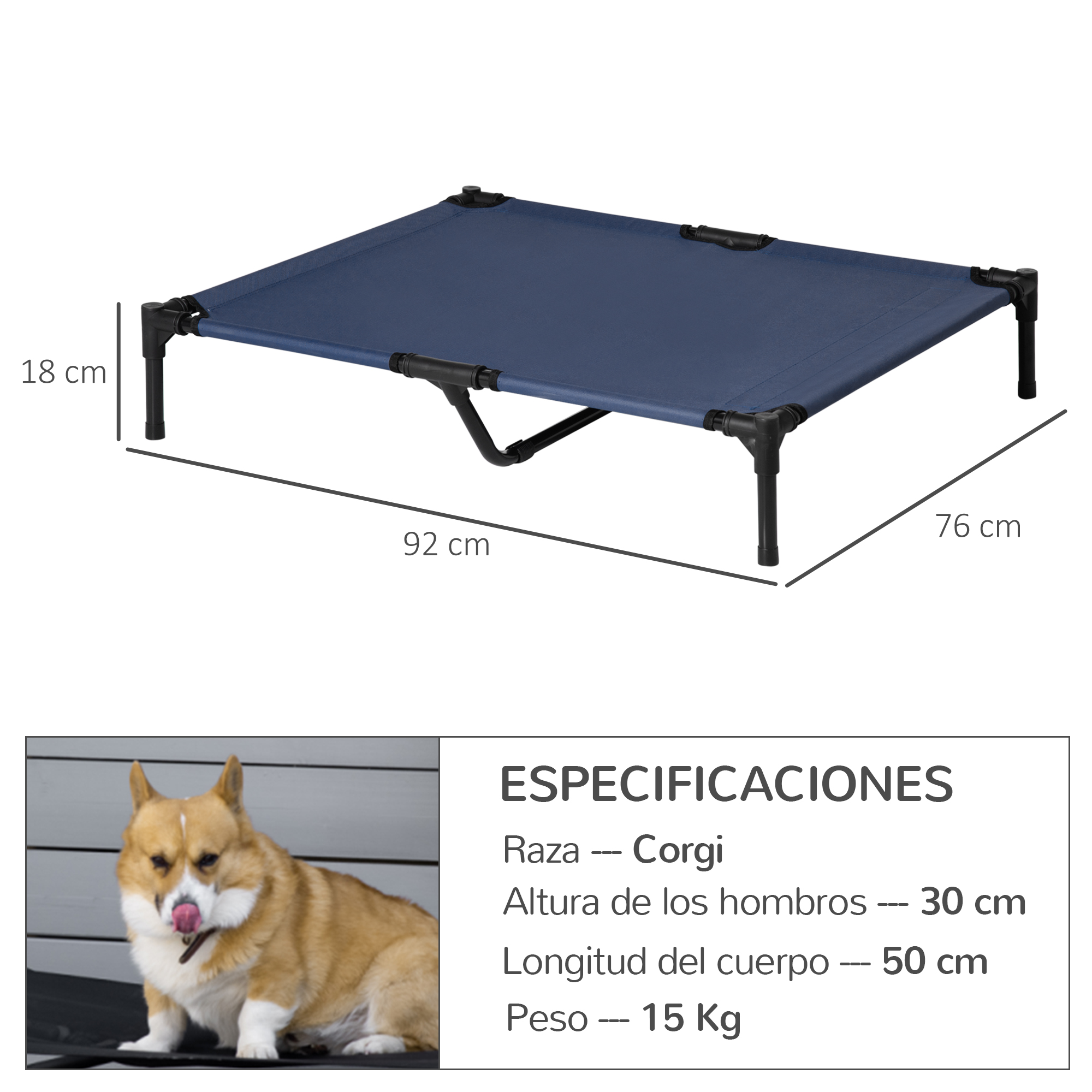 Una cama para perros azul con marco metálico, medidas 92x76x18 cm, junto a un Corgi.