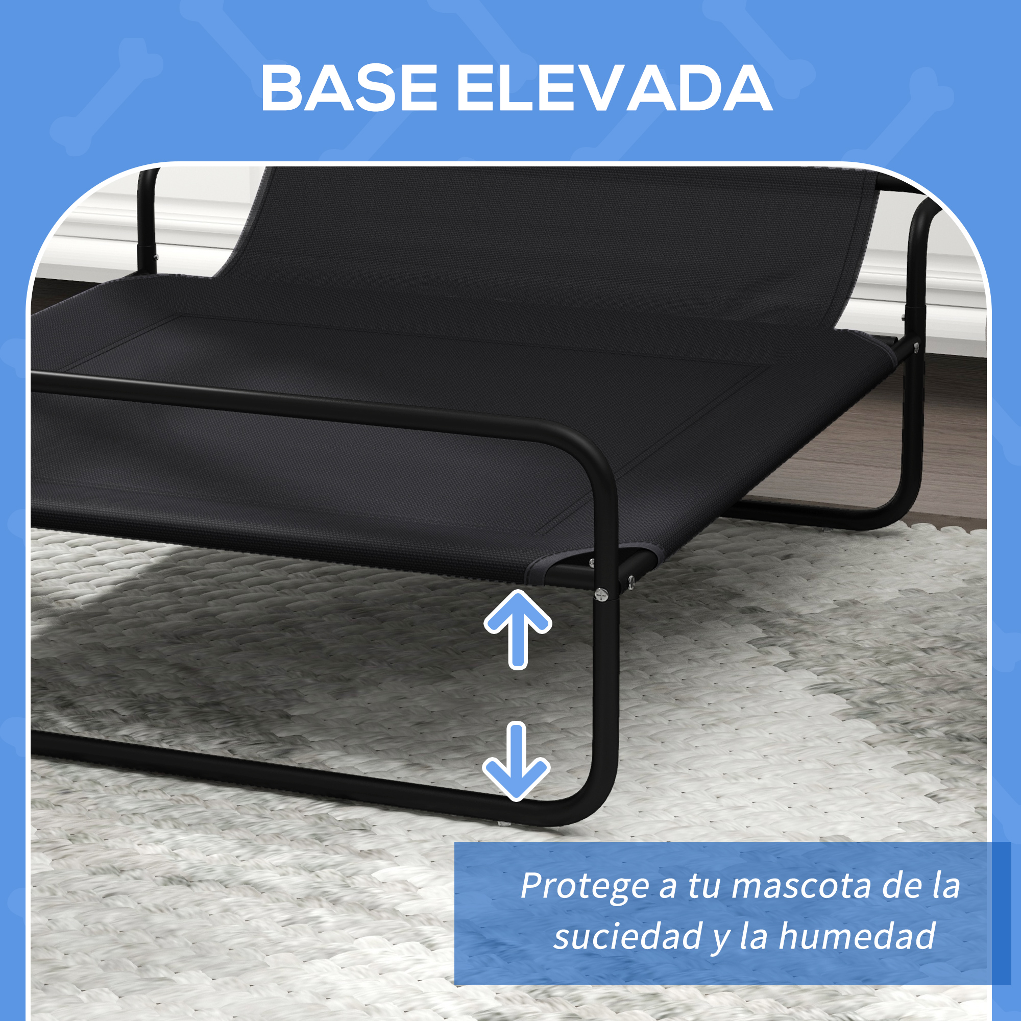 Cama elevada negra para mascotas sobre alfombra con flechas indicando altura.