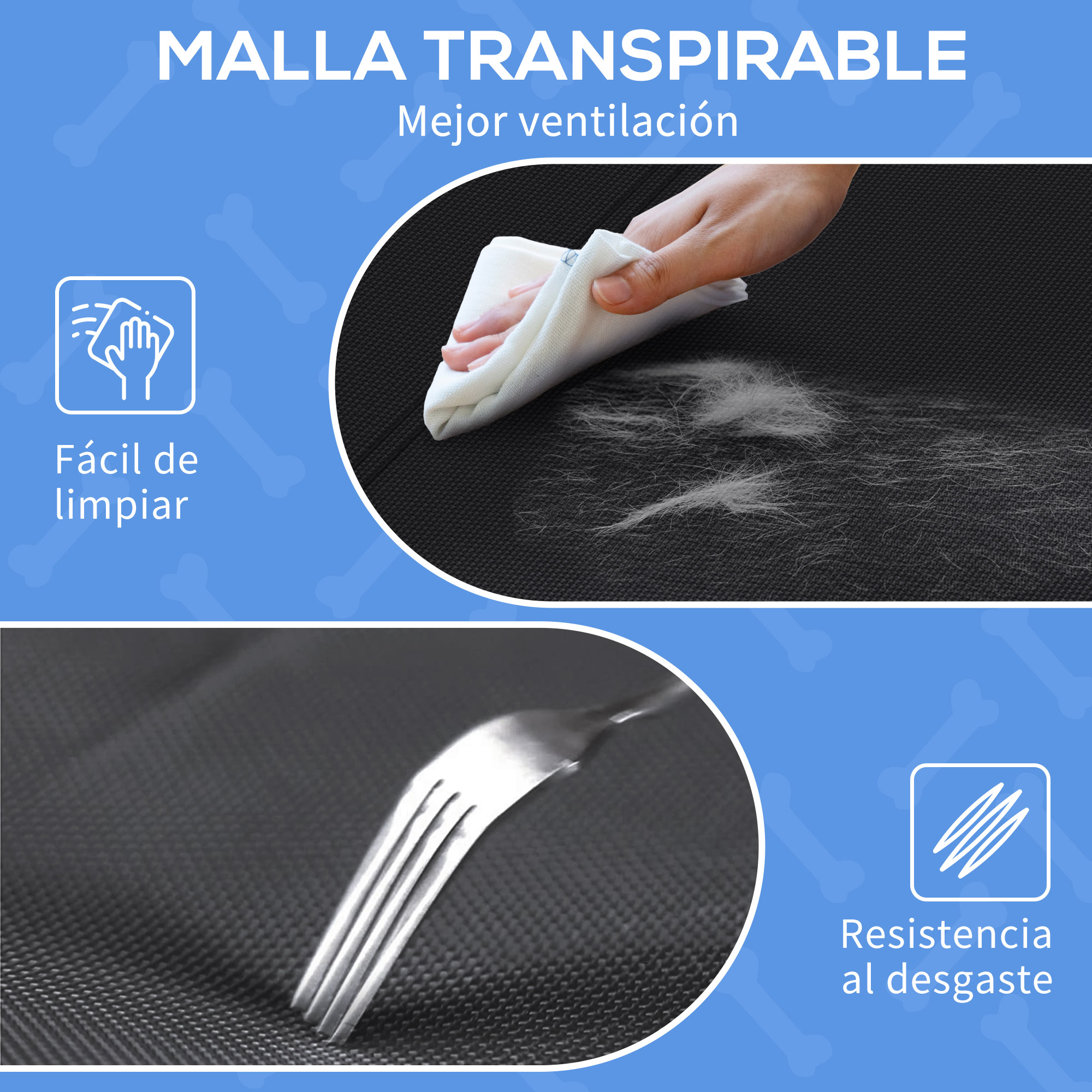 Un paño limpia pelo de mascota de tela negra. Un tenedor raspa la tela.