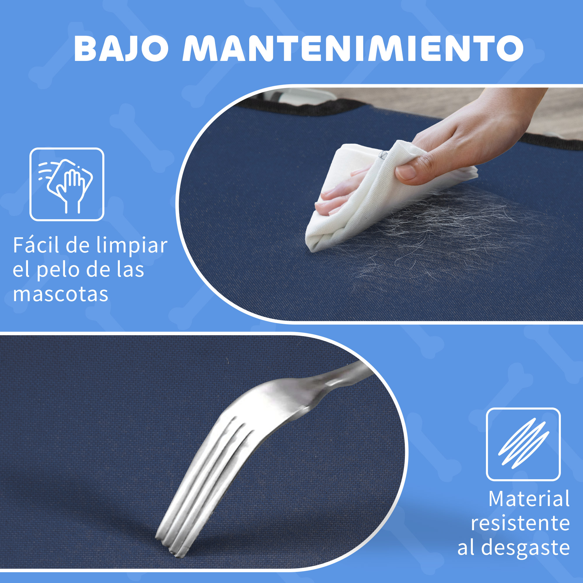 Tela azul con un paño quitando pelo de mascota y un tenedor.