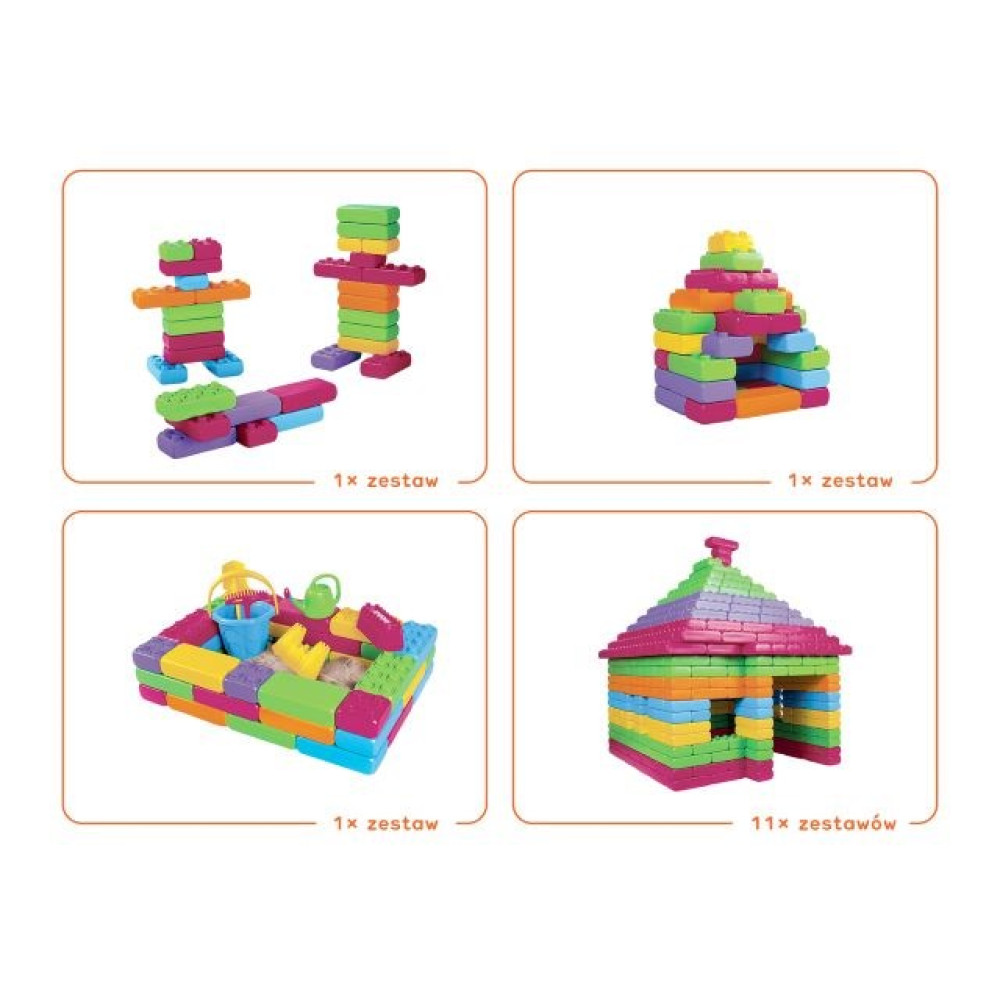 Creaciones de bloques de construcción coloridos: figuras, casa, arenero y cabaña.