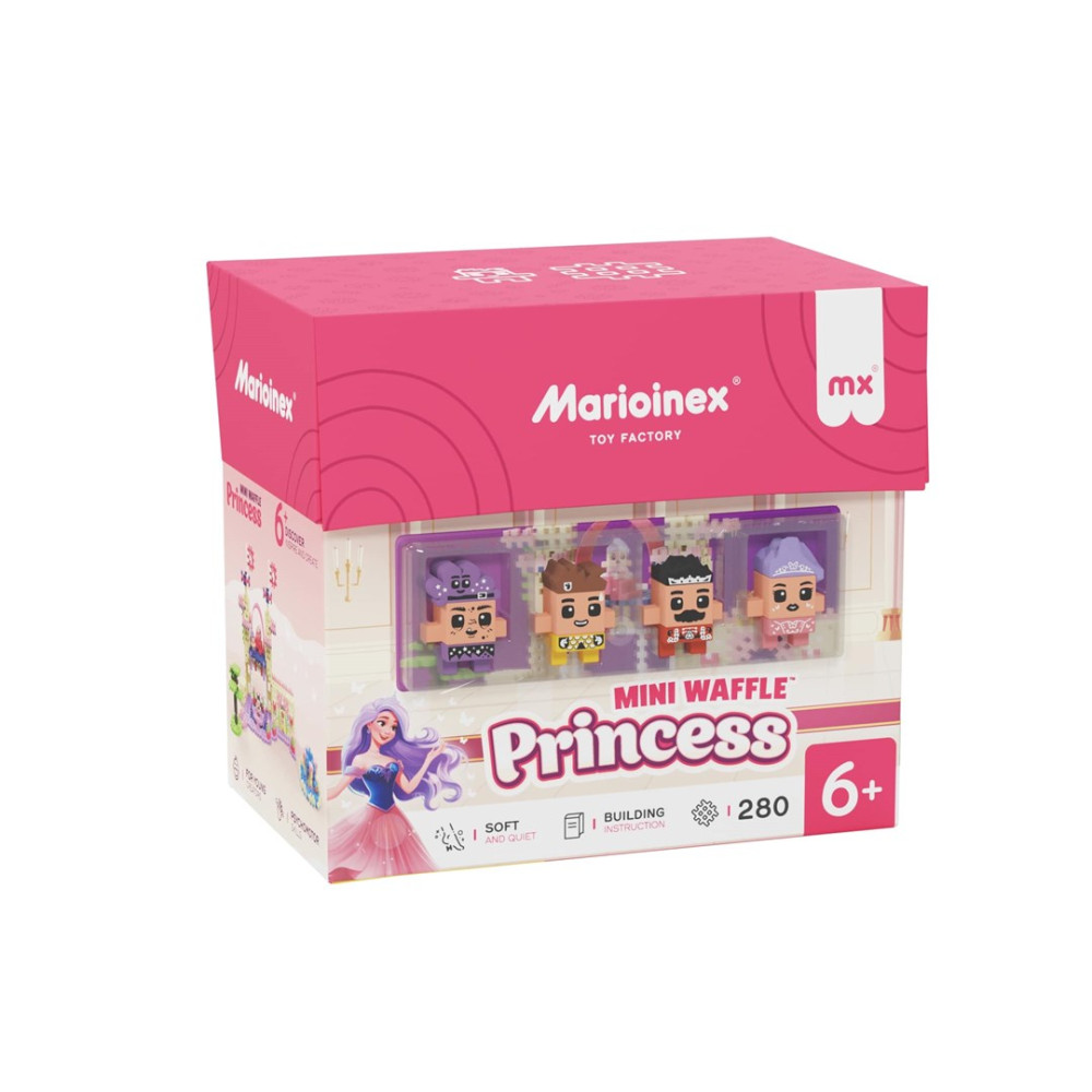 Pudełko z zabawką konstrukcyjną Marioinex Mini Waffle Princess z 4 pikselowymi figurkami i grafiką.