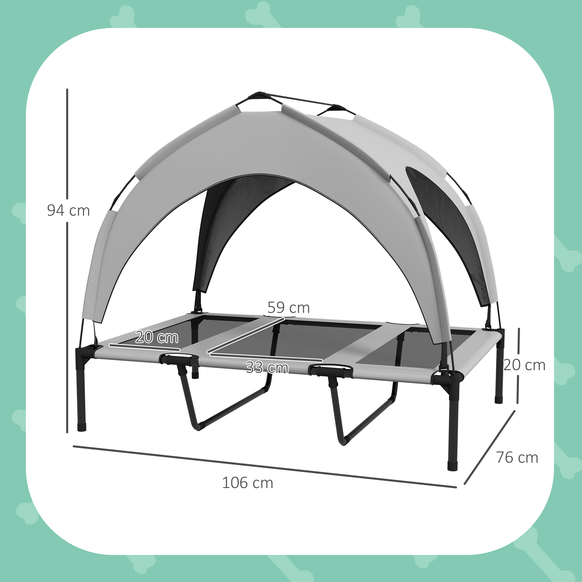 Cama gris para mascotas con dosel, se indican las dimensiones.