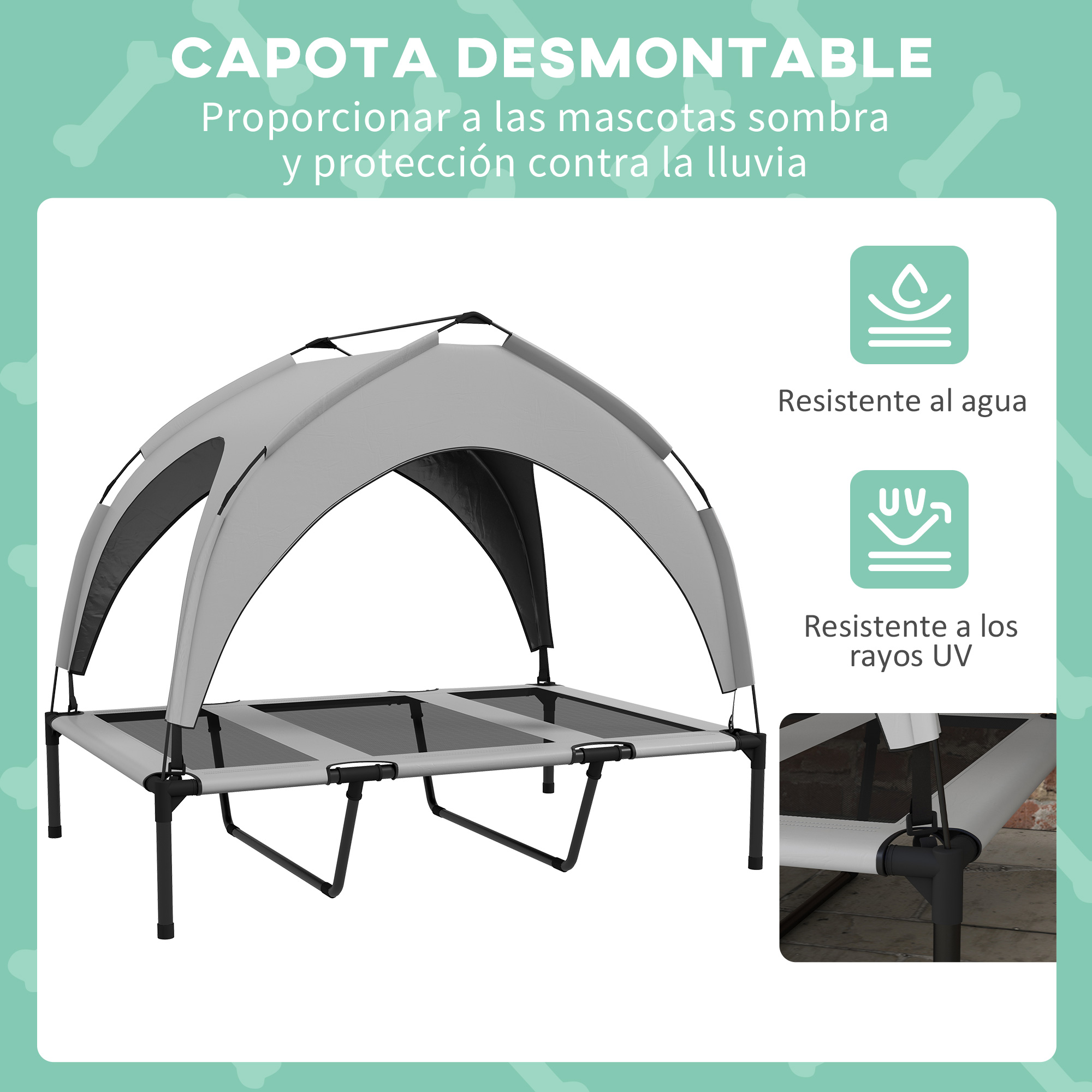 Dosel desmontable gris para mascotas con dos arcos, que ofrece sombra y protección.