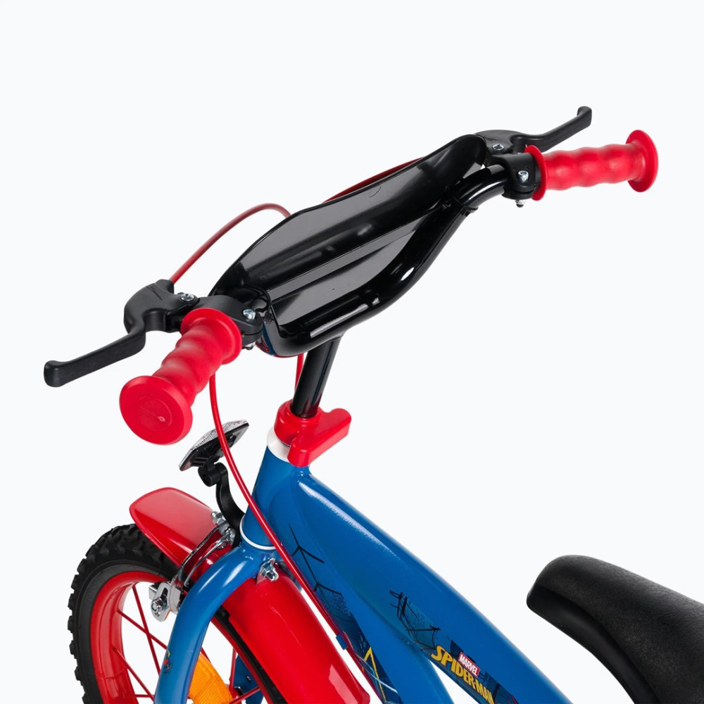Manillar de bicicleta infantil azul con puños rojos, frenos y diseño Spiderman.