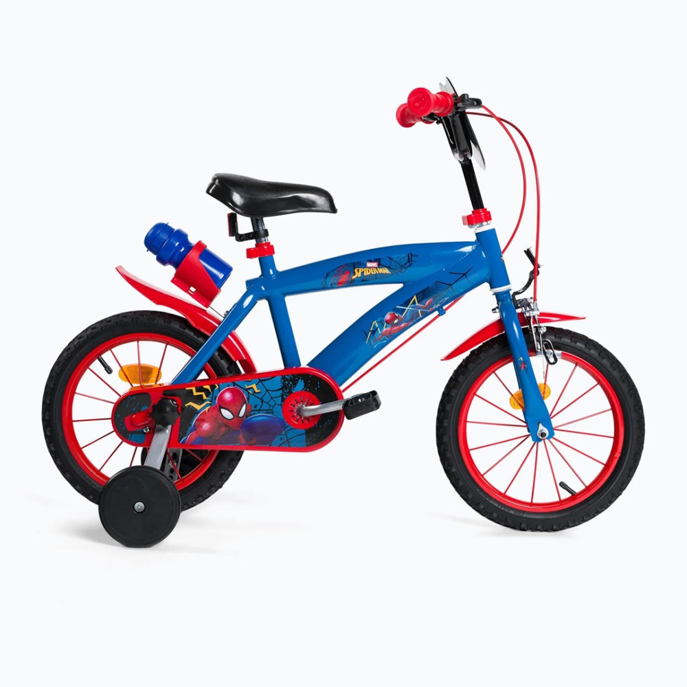 Bicicleta infantil azul con diseño de Spiderman, ruedas de apoyo y llantas rojas.