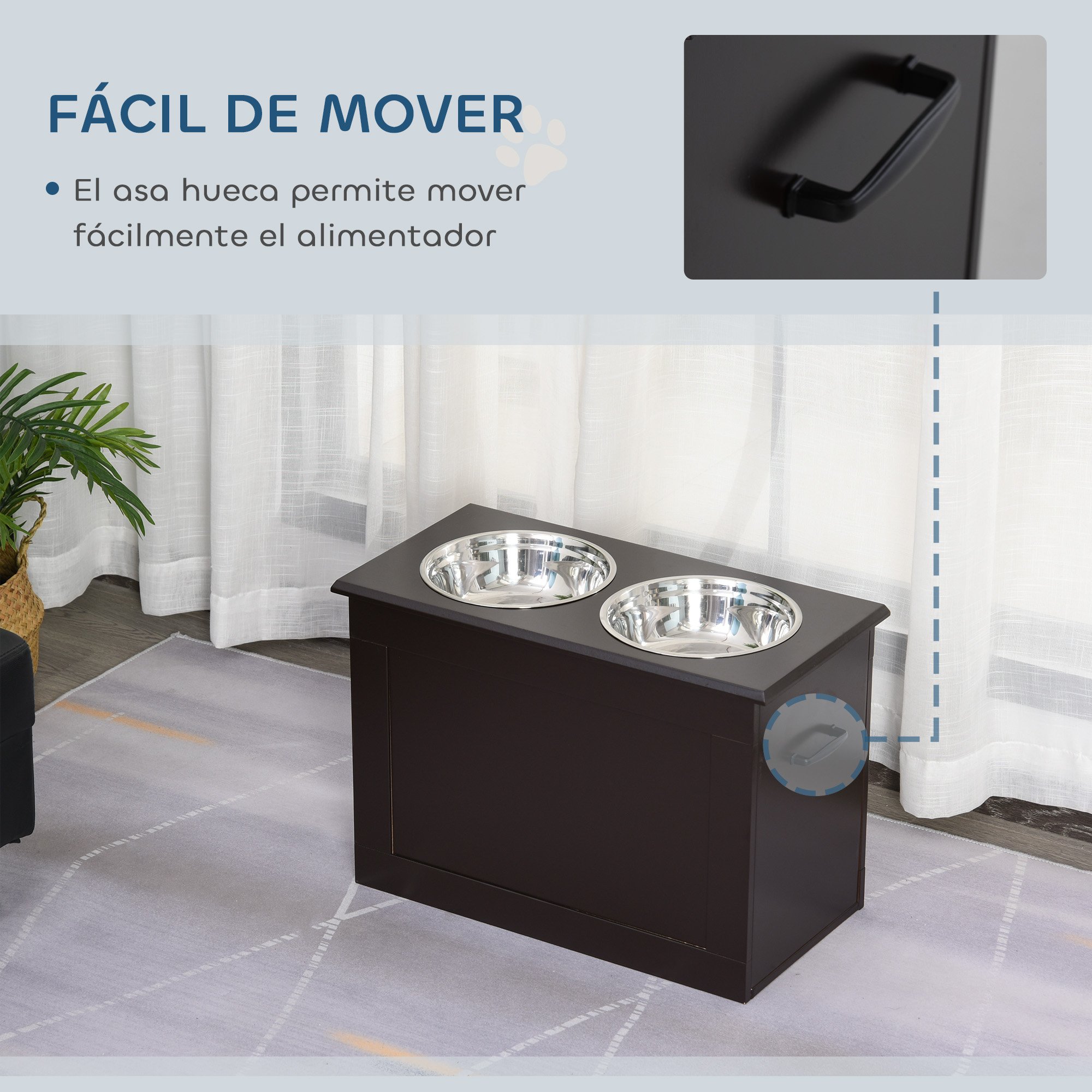 Comedero oscuro para mascotas con dos cuencos de acero inoxidable.