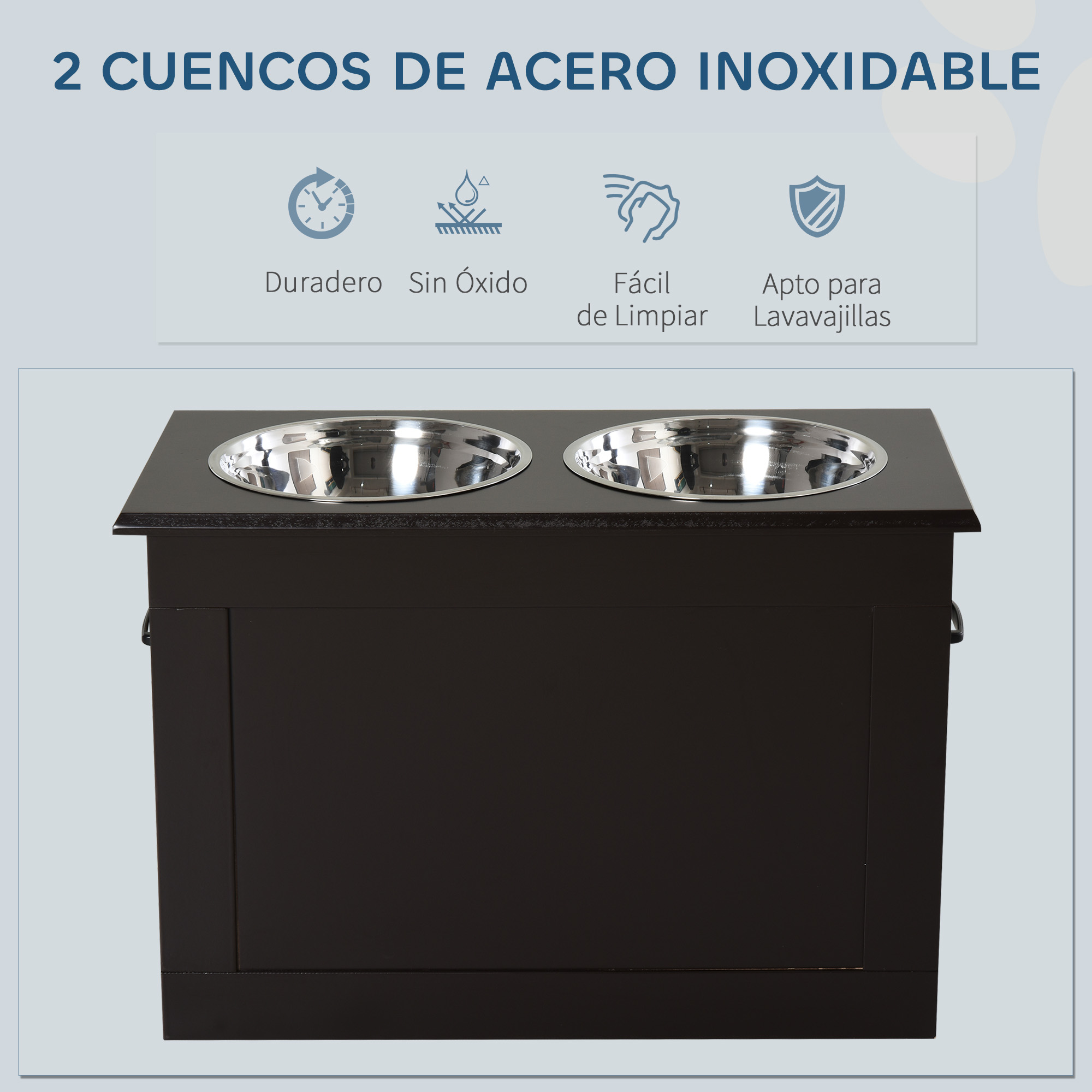 Un soporte oscuro con dos cuencos de acero inoxidable para mascotas.