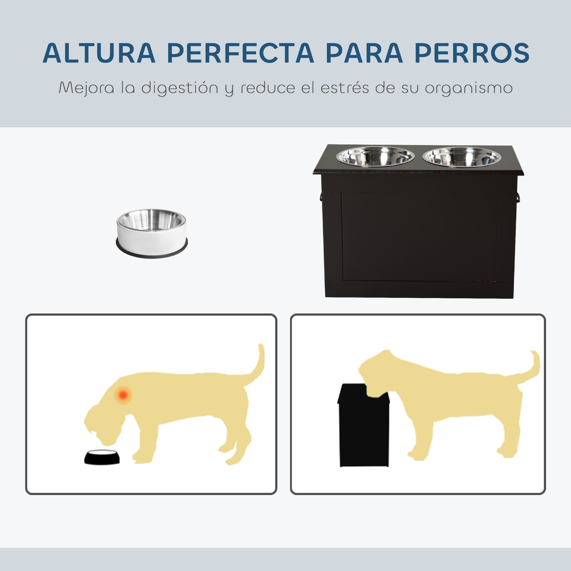 Un comedero negro para perros y un cuenco individual. Ilustraciones muestran un perro con dolor y un perro usando el comedero.