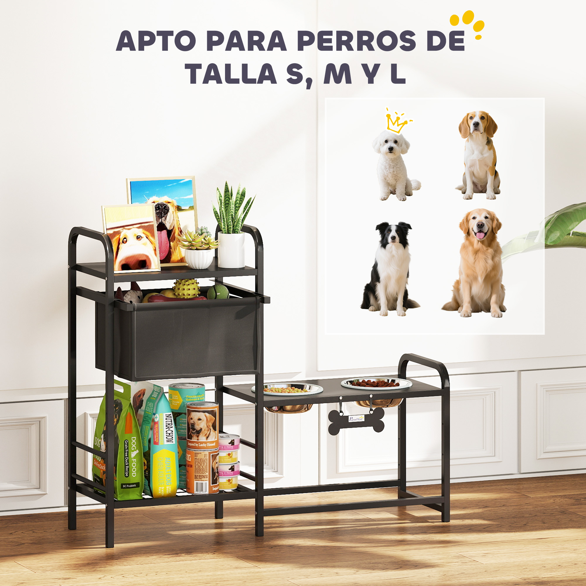 Un estante negro con comida para perros, juguetes e imágenes de perros.