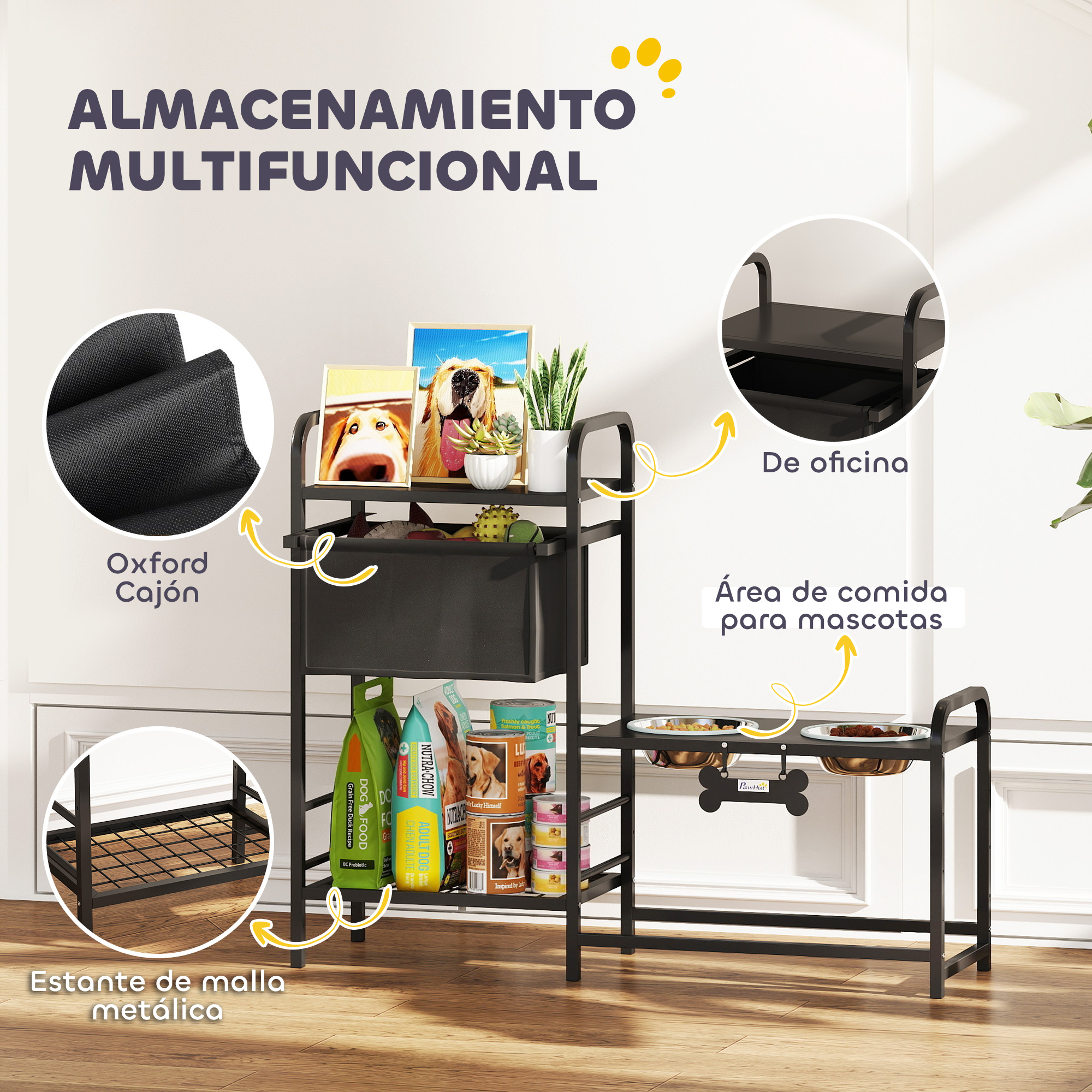 Un estante negro multifuncional con libros, comida para mascotas y cuencos.
