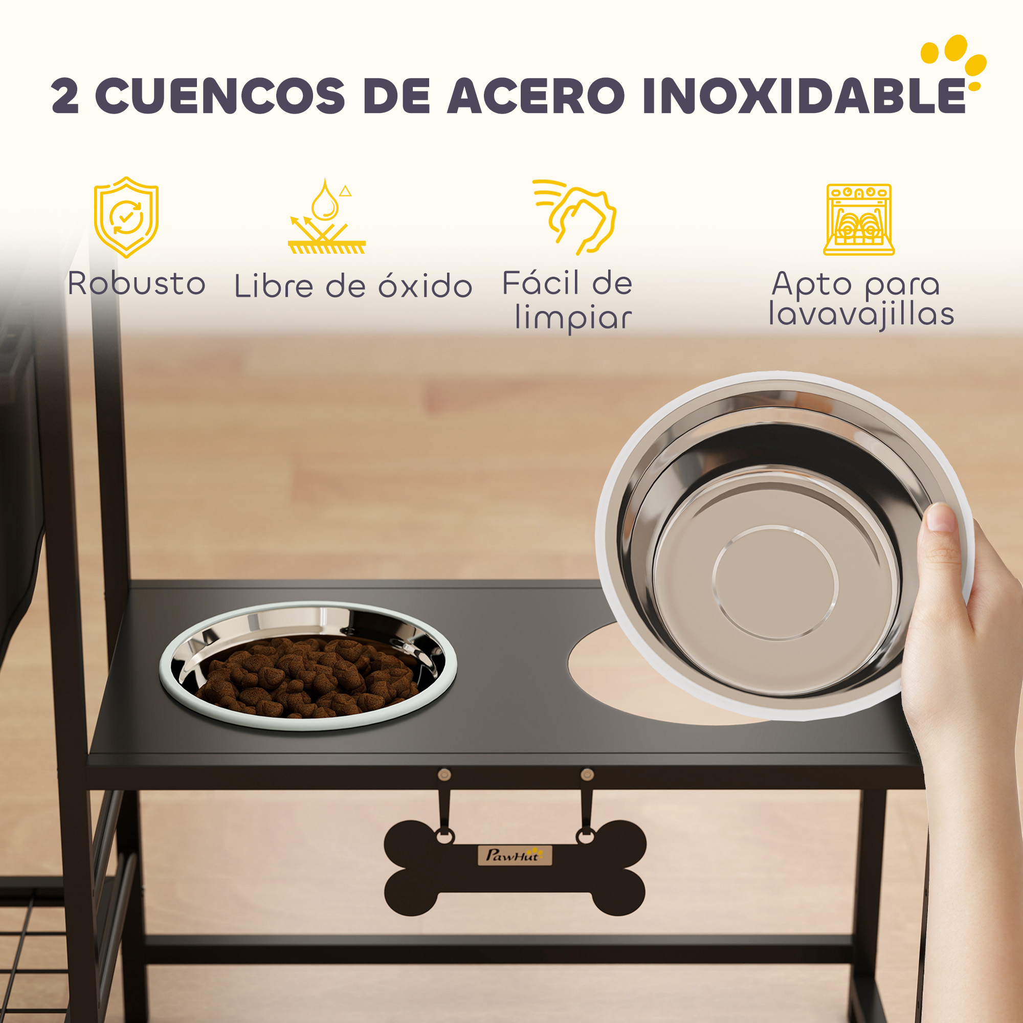 Dos cuencos de acero inoxidable en un soporte negro, uno lleno de comida.