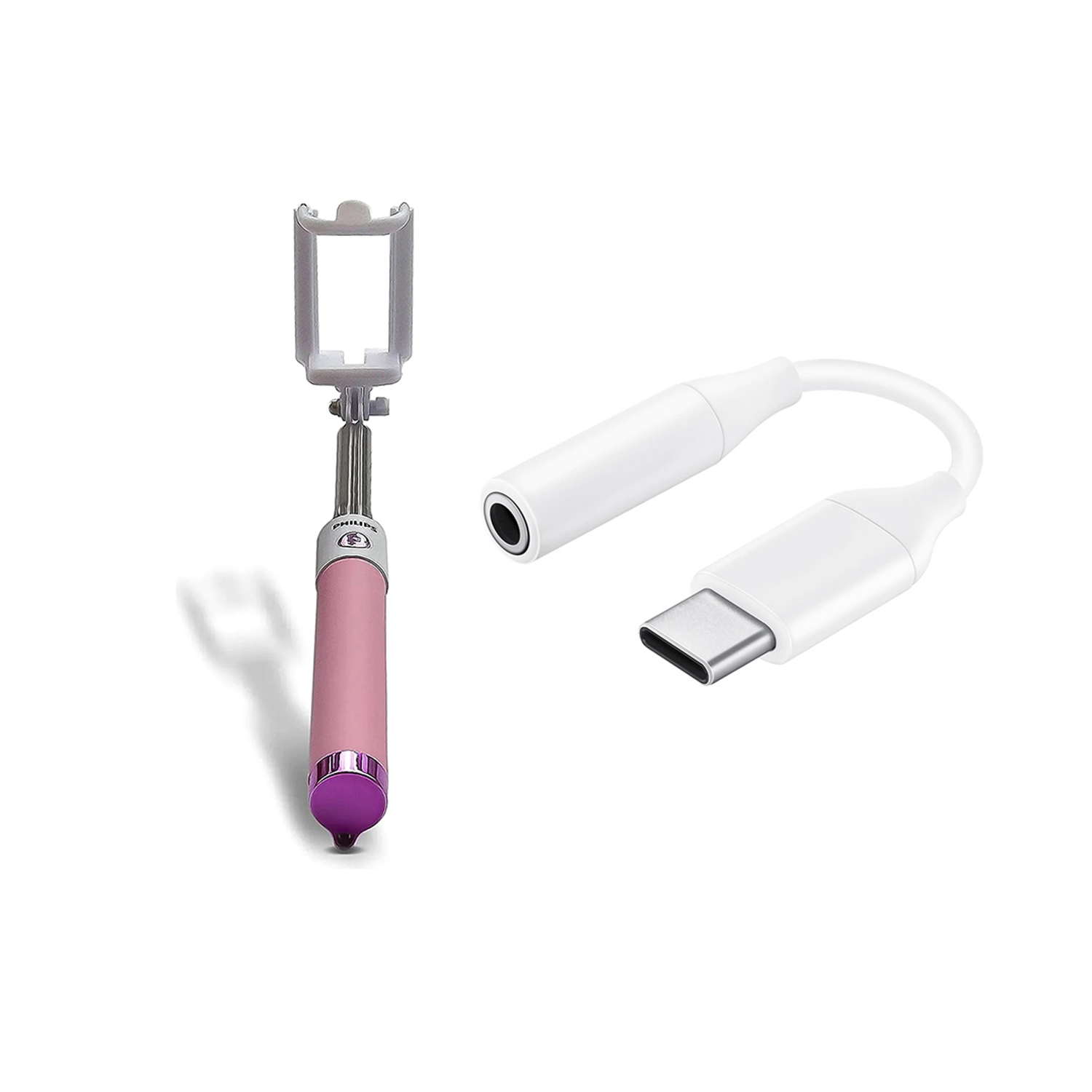 Telefon tutuculu pembe selfie çubuğu ve beyaz USB-C - 3,5 mm adaptör.