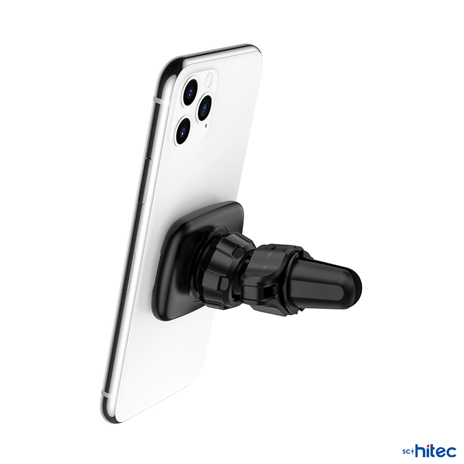 Beyaz bir iPhone'a takılı siyah araç havalandırma telefon tutucusu.