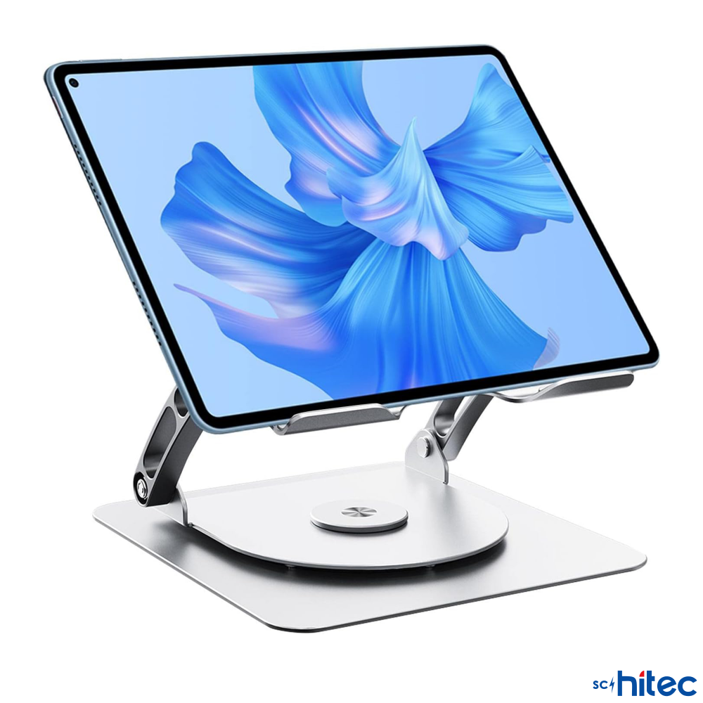 Gümüş tablet standı, ekranında mavi soyut bir tasarım gösteren bir tableti tutar.