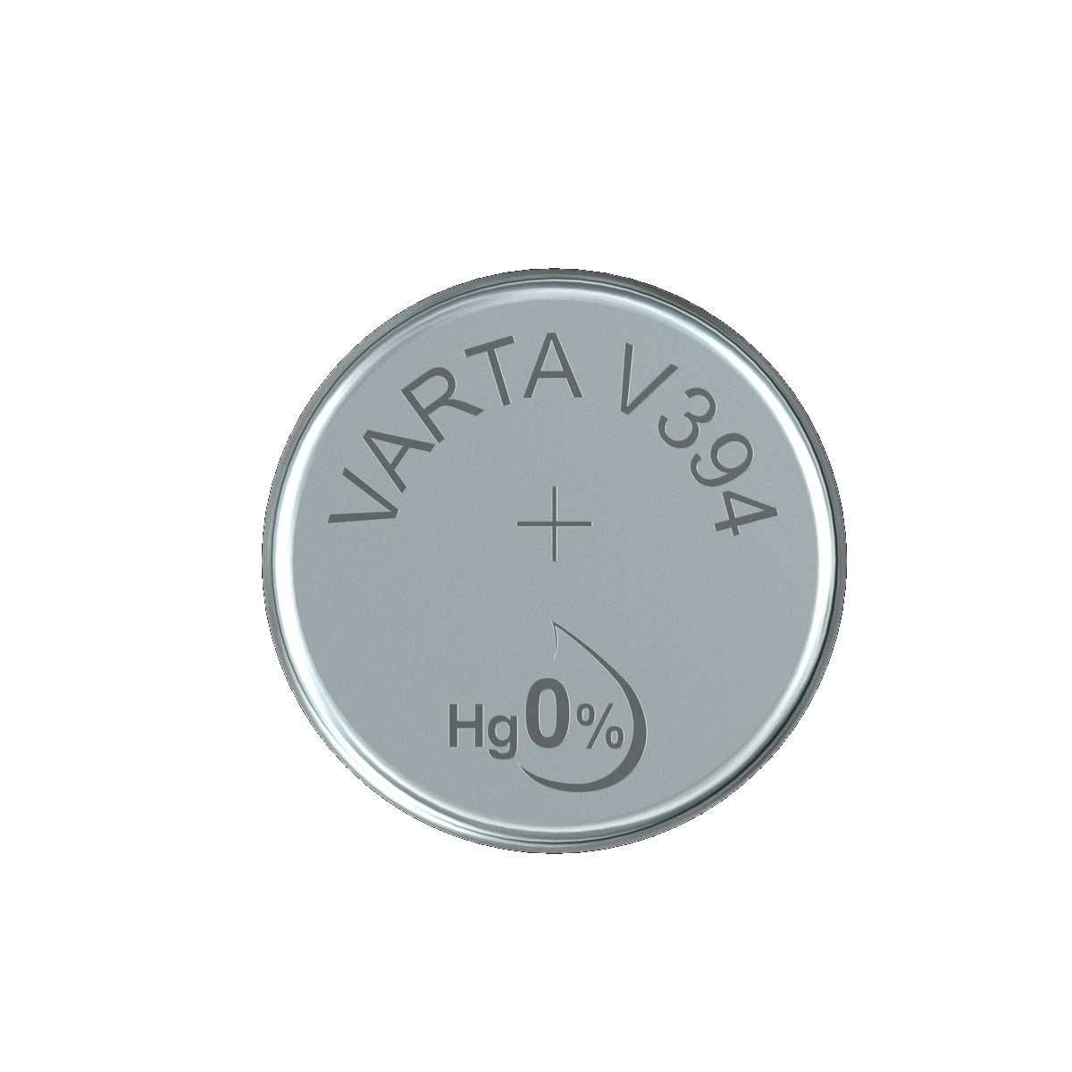 Pile bouton Varta V394 argentée avec marquage Hg 0%.