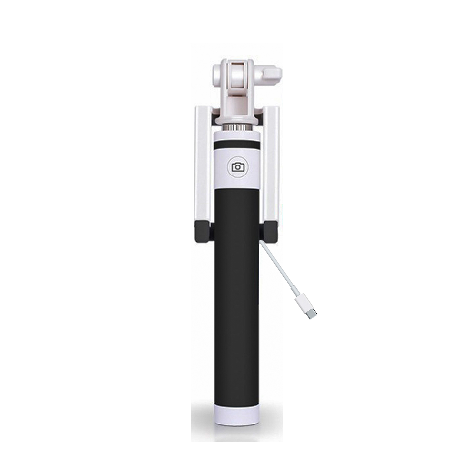 Beyaz saplı ve USB kablolu siyah selfie çubuğu.