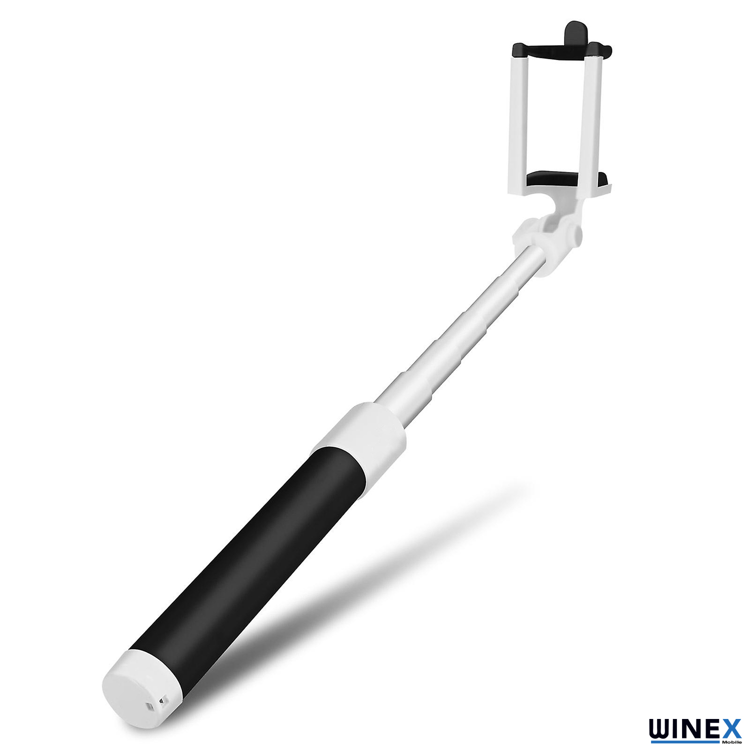 Siyah saplı ve beyaz klipsli uzatılabilir selfie çubuğu.