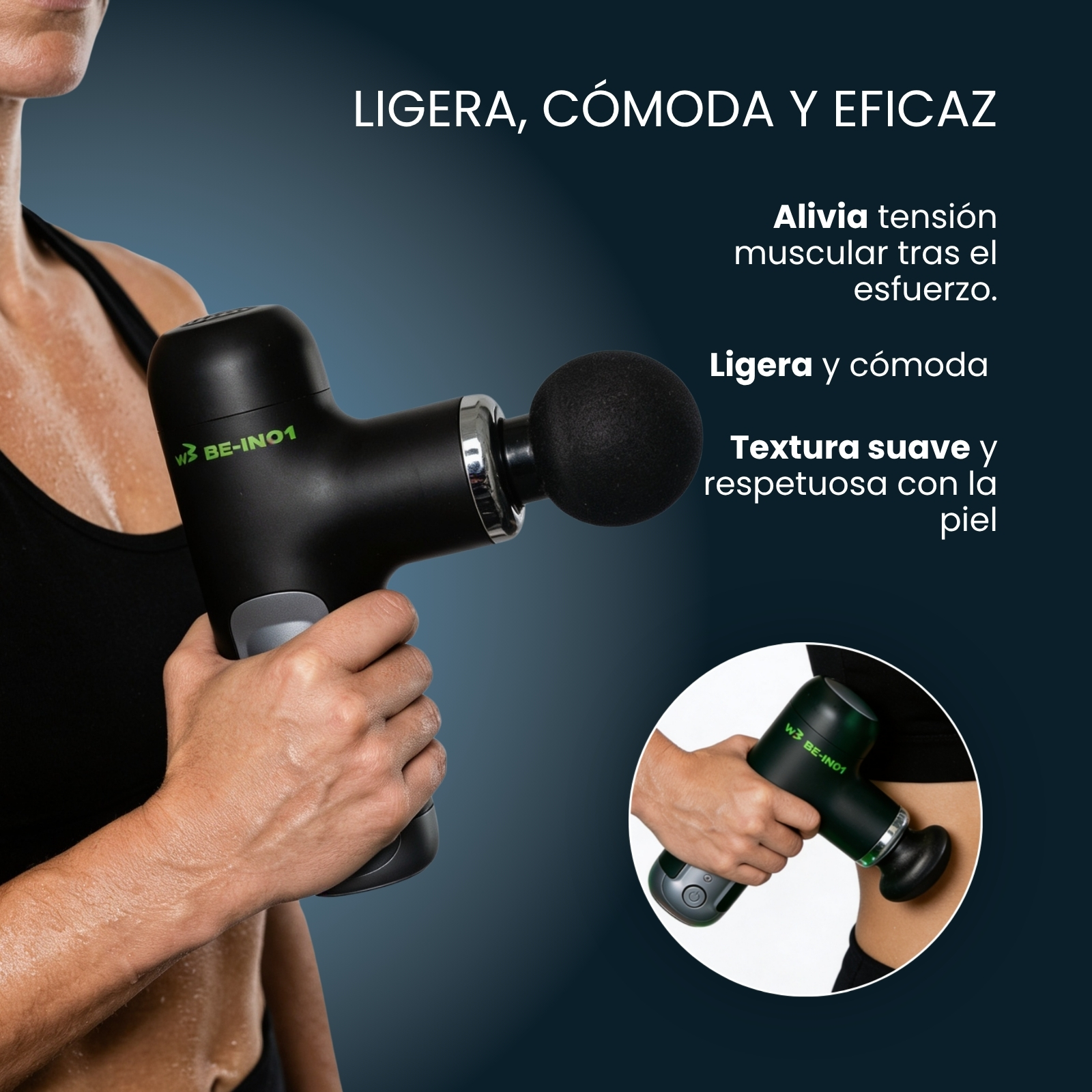 Una persona sostiene una pistola de masaje negra con detalles verdes.
