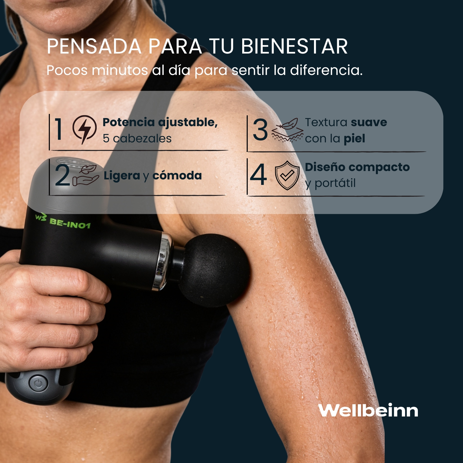 Persona sujetando pistola de masaje negra en el brazo. Texto describe beneficios.