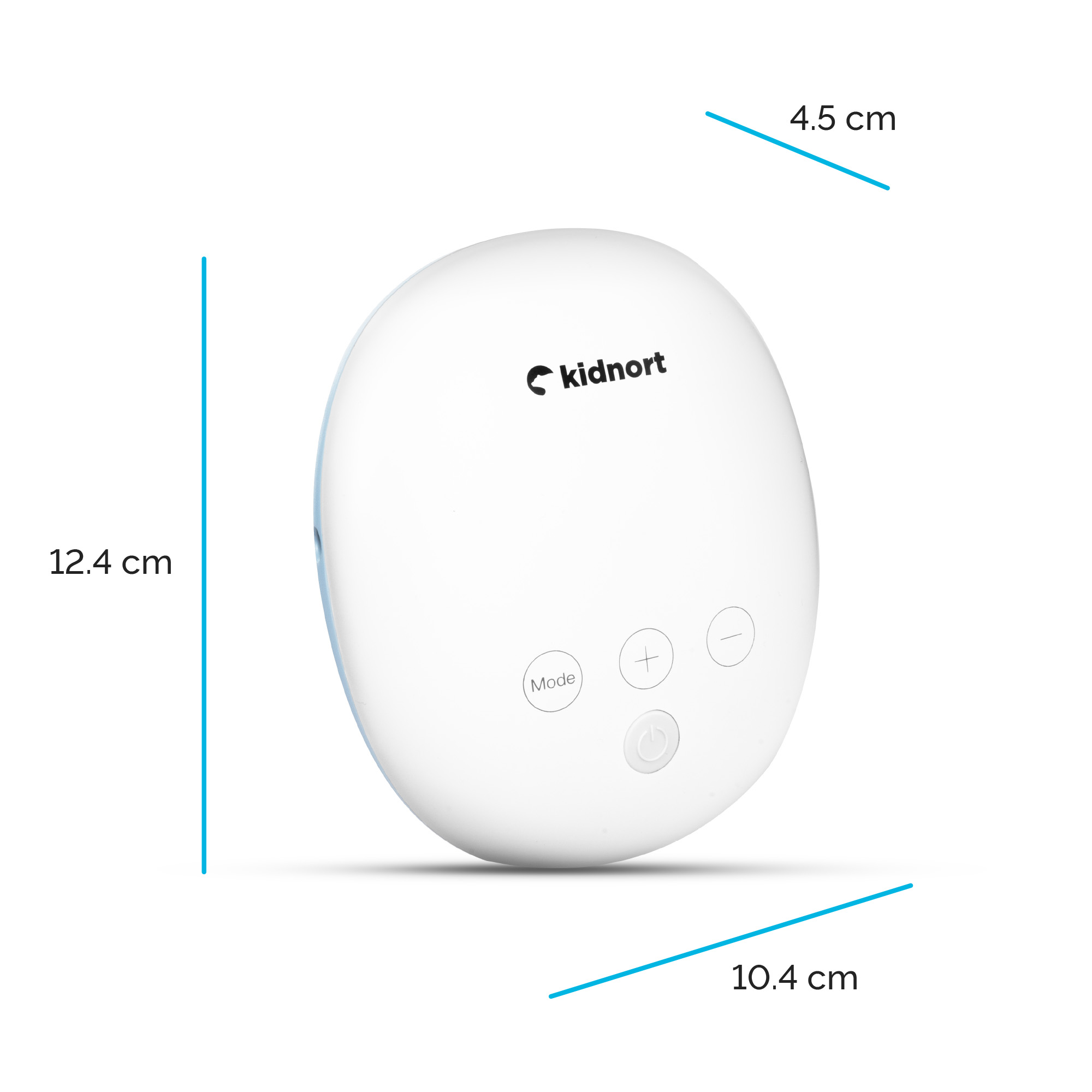 Białe urządzenie Kidnort o wymiarach 12,4 cm, 4,5 cm i 10,4 cm.