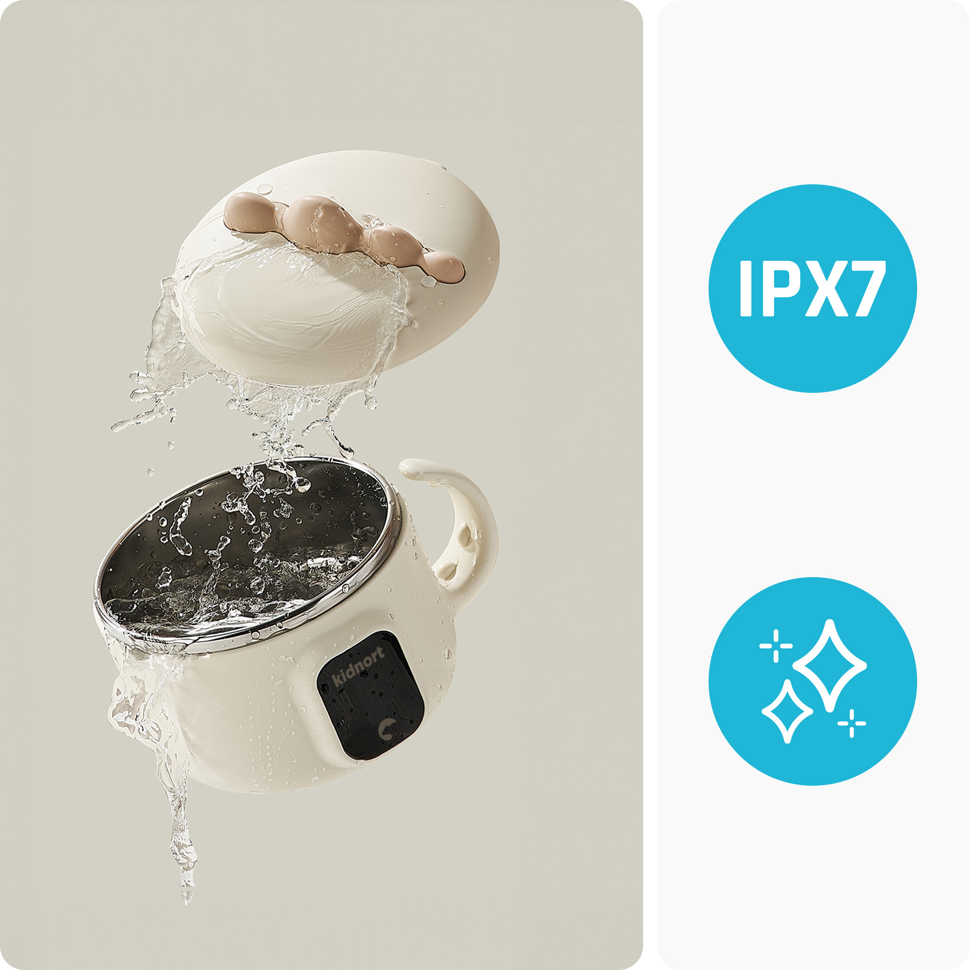 Biały kubek z pokrywką, z którego chlapie woda. Ocena IPX7.