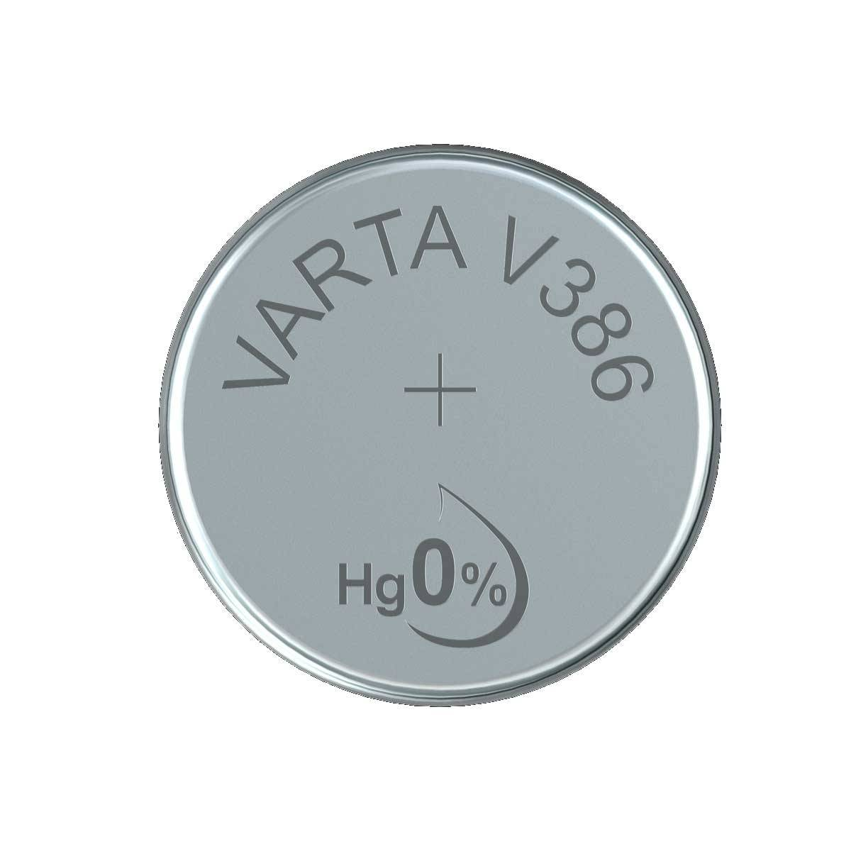 Silver Varta V386 button cell battery with Hg 0% marking.
