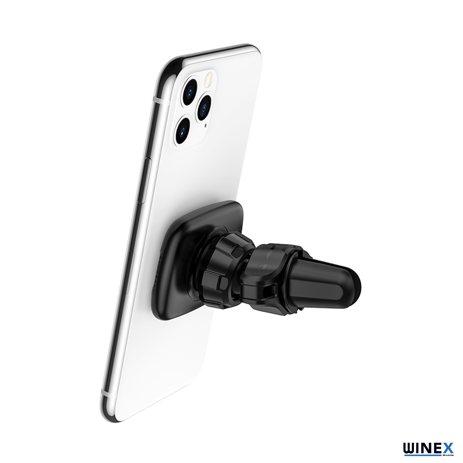 Siyah araç havalandırma klipsi beyaz bir akıllı telefonu tutuyor.