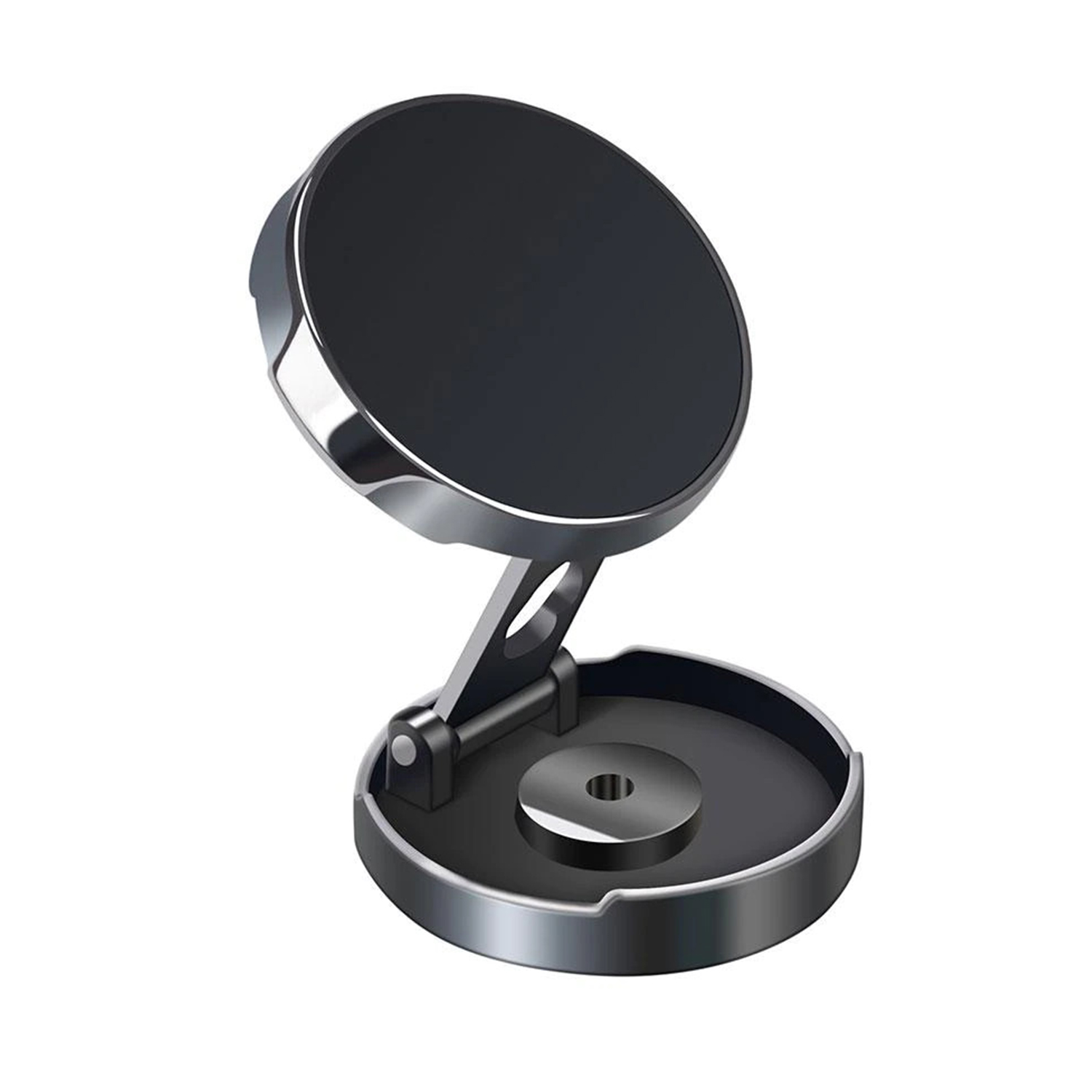 Gümüş metal tabanlı ve ayarlanabilir kollu siyah manyetik telefon tutucu.