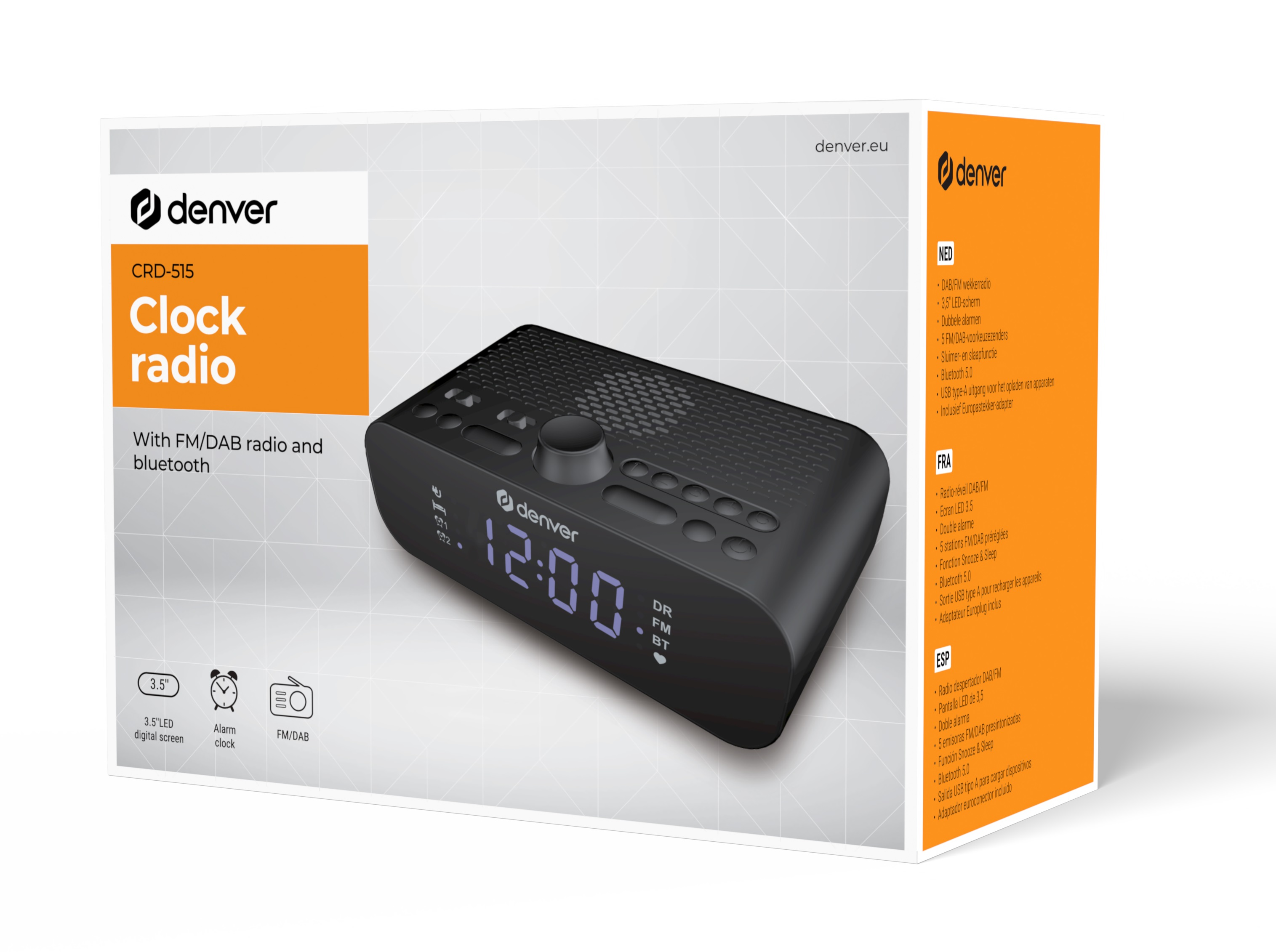 Ein schwarzer Denver CRD-515 Radiowecker mit FM/DAB und Bluetooth.