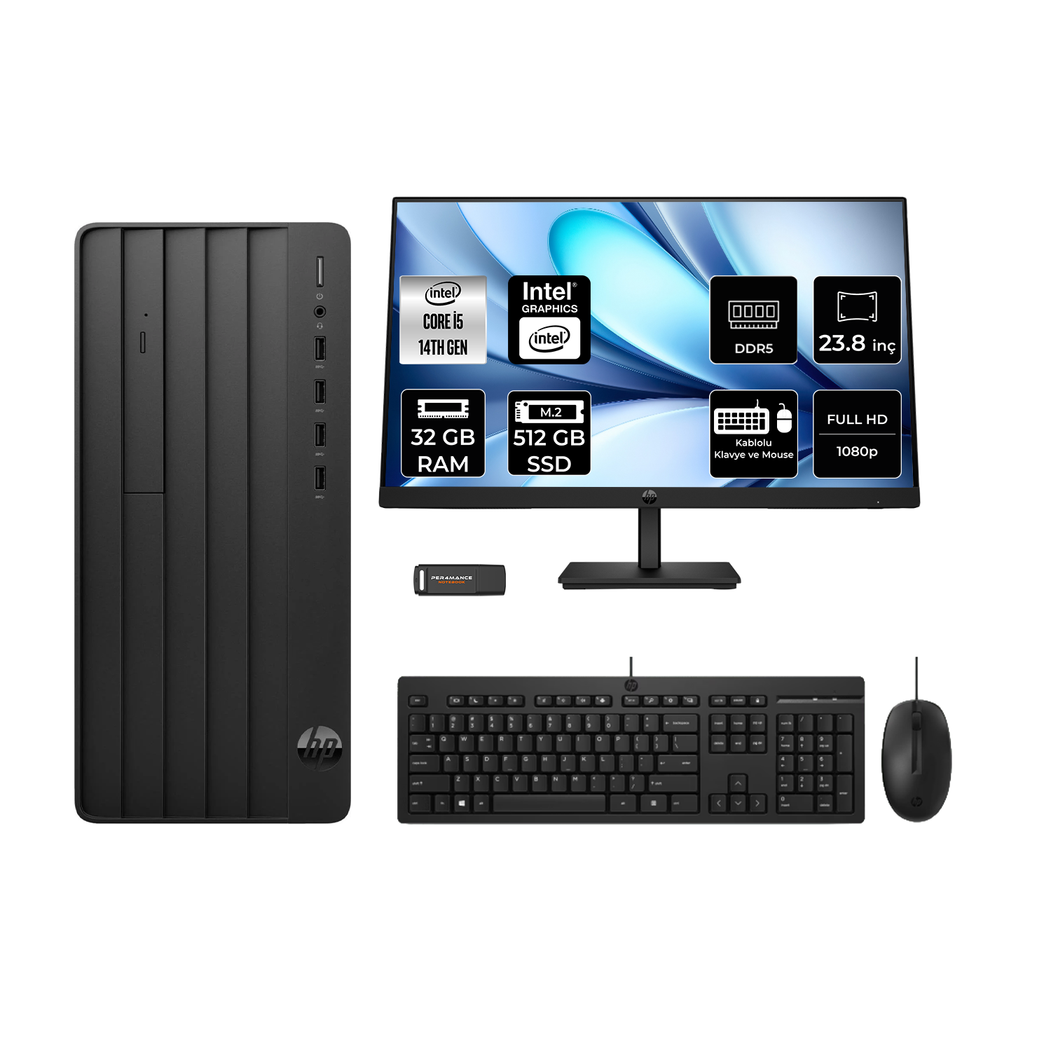 Siyah HP masaüstü, monitör, klavye, fare ve USB bellek beyaz arka planda.