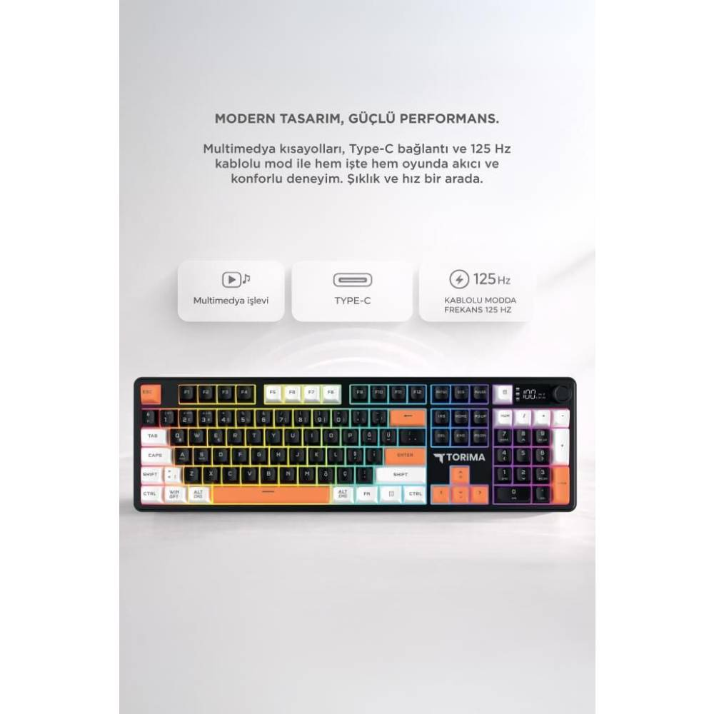 RGB aydınlatmalı, Type-C bağlantılı, 125Hz yenileme hızına sahip modern klavye.