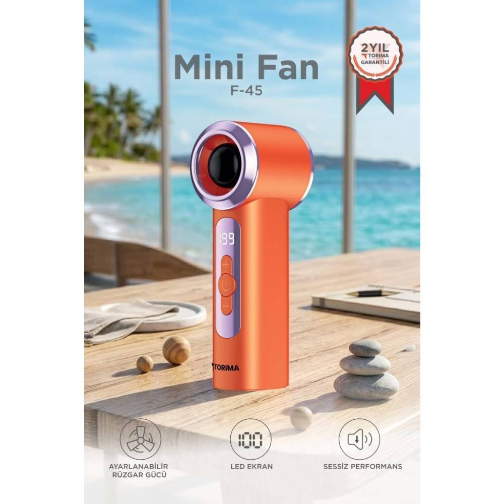 TORIMA Şarjlı Dijital Göstergeli 5 Kademeli Turbo Mini Fan F45 Şarjlı El Vantilatörü Turuncu