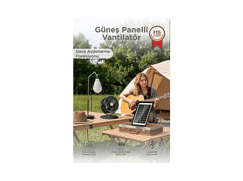 TORIMA Güneş Panelli Şarjlı Ampüllü 5 Kademeli Taşınabilir Ayarlanabilir Kablosuz F48 Vantilatör Siyah