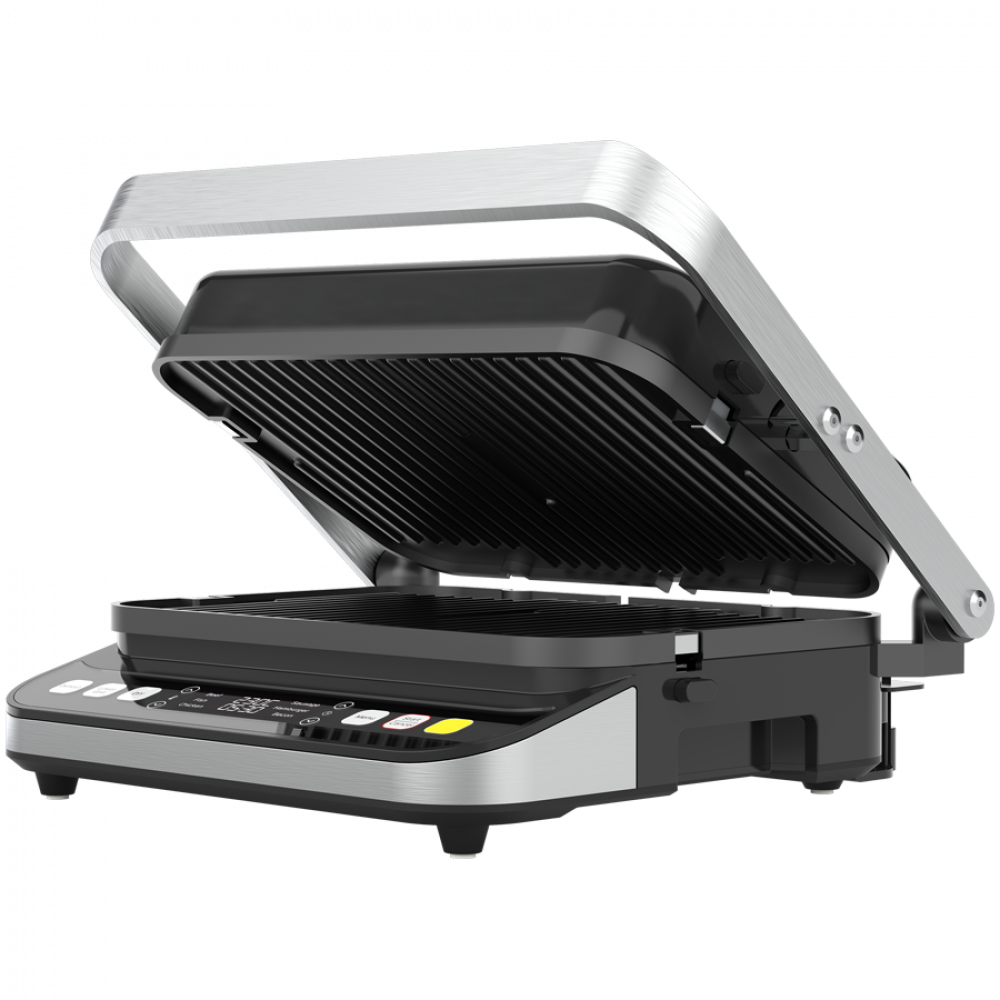 Otwarty grill kontaktowy z czarną płytą grillową i srebrną rączką.