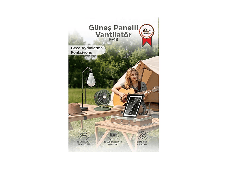 TORIMA Güneş Panelli Şarjlı Ampüllü 5 Kademeli Taşınabilir Ayarlanabilir Kablosuz F48 Vantilatör Yeşil