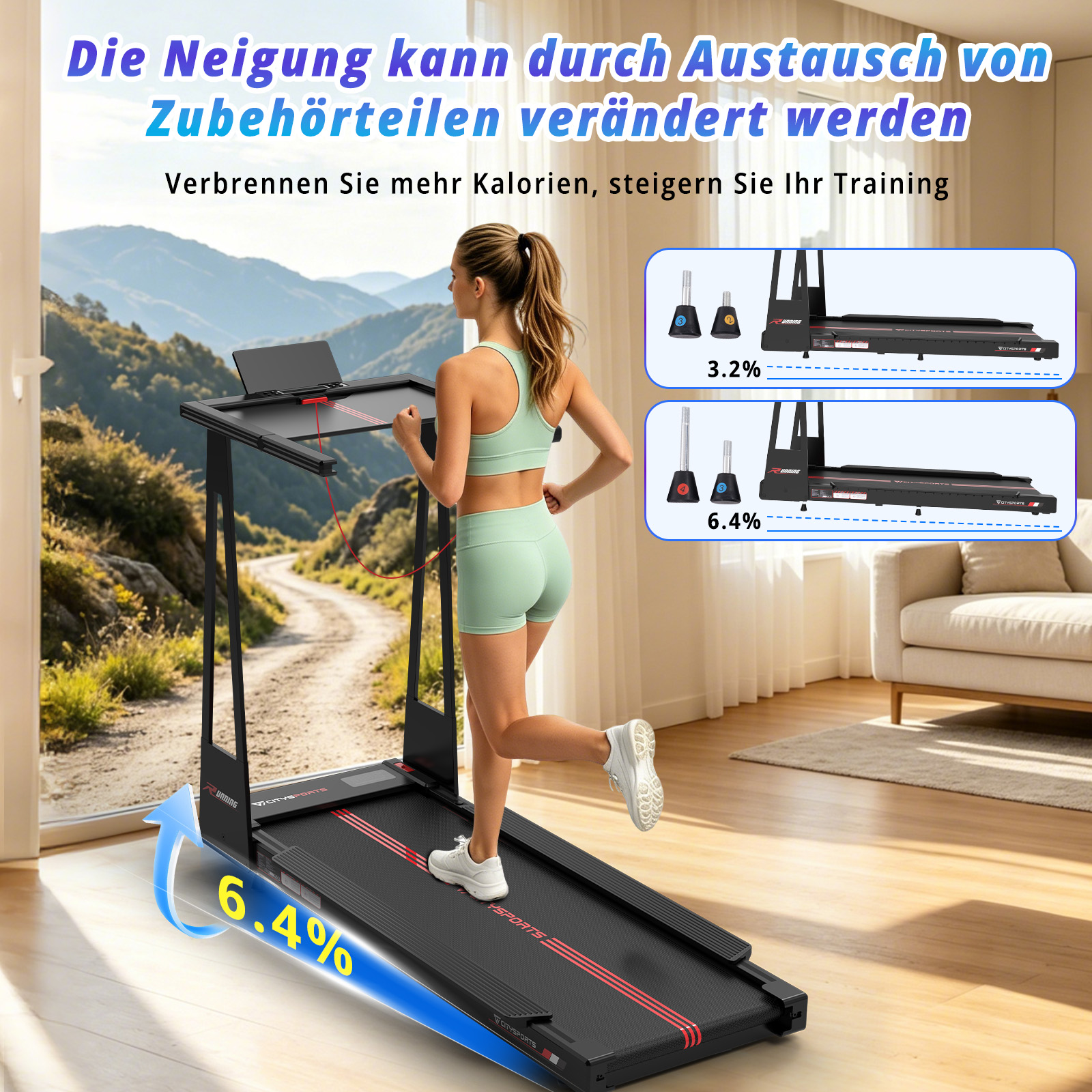 Frau auf Laufband mit Steigungsanzeige 3.2% und 6.4%.