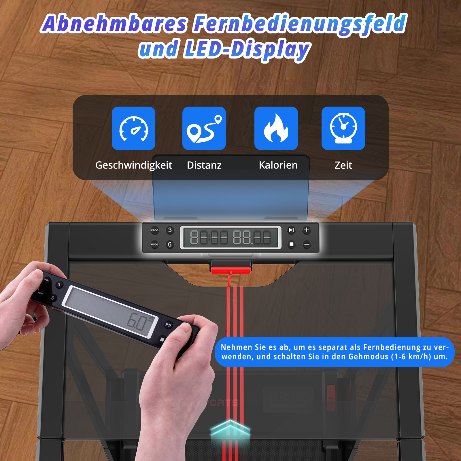 Eine Person hält eine abnehmbare Fernbedienung mit Display für ein Laufband.
