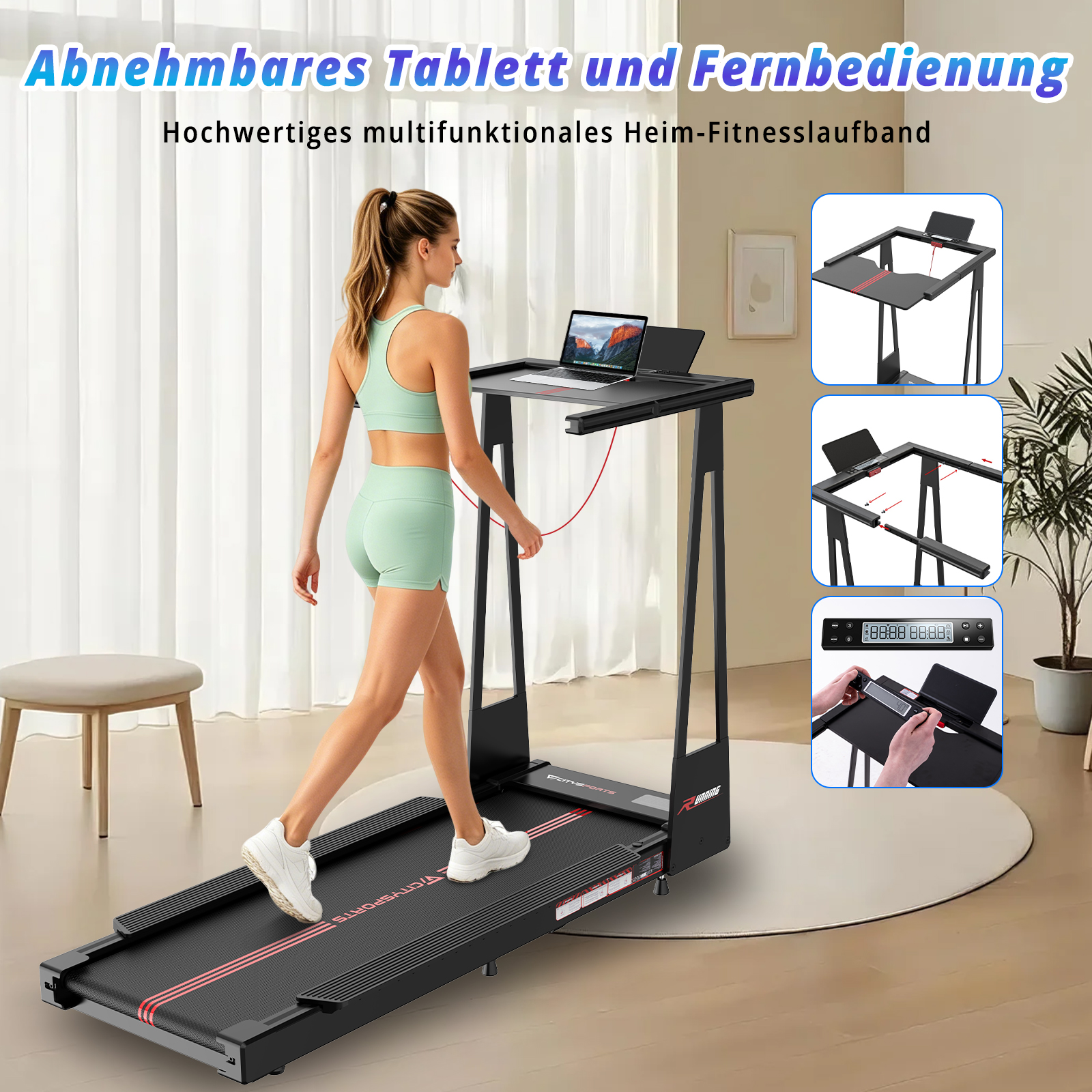 Eine Frau in mintgrüner Sportkleidung läuft auf einem schwarzen Laufband mit einem Laptop-Tablett.