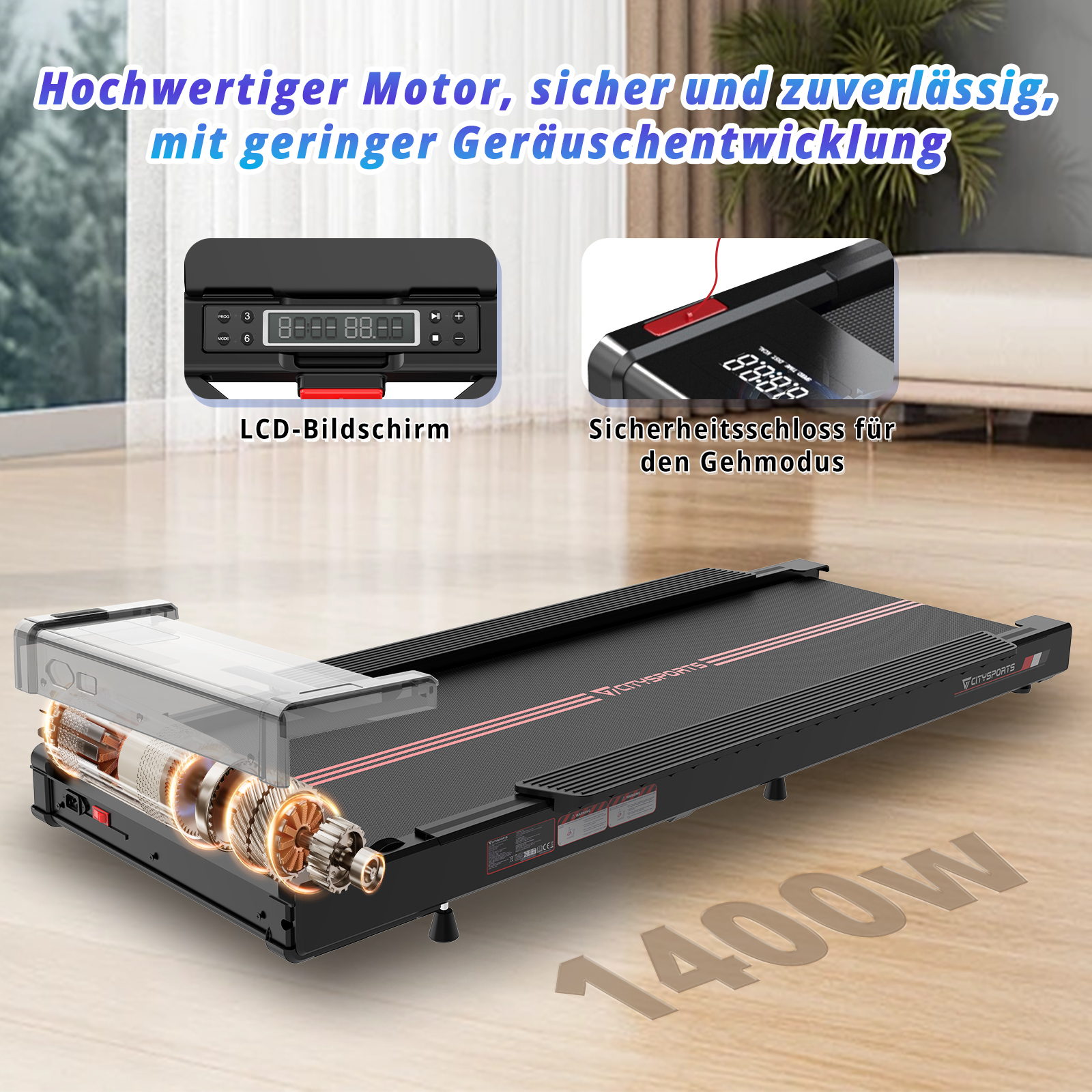 Ein Laufband mit 1400W Motor, LCD-Bildschirm und Sicherheitsschloss.