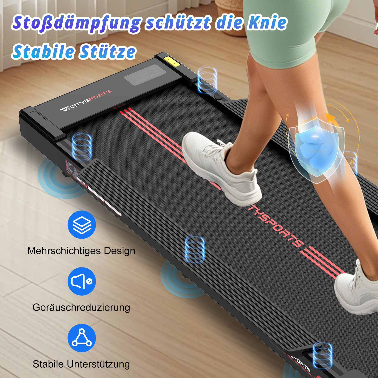 Jemand läuft auf einem Laufband mit Stoßdämpfung und Knieschutz.