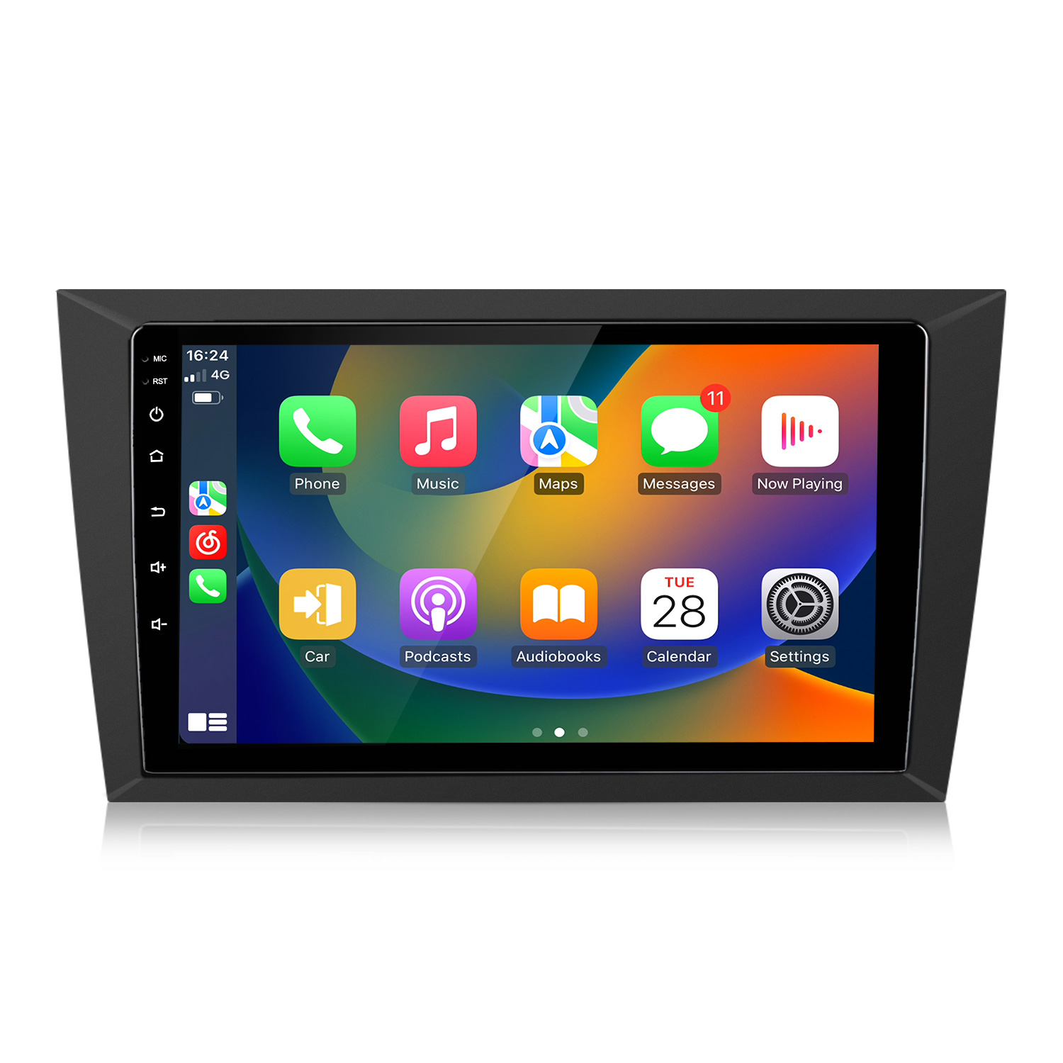 Ein schwarzer Touchscreen mit App-Symbolen: Telefon, Musik, Karten, Nachrichten, etc.