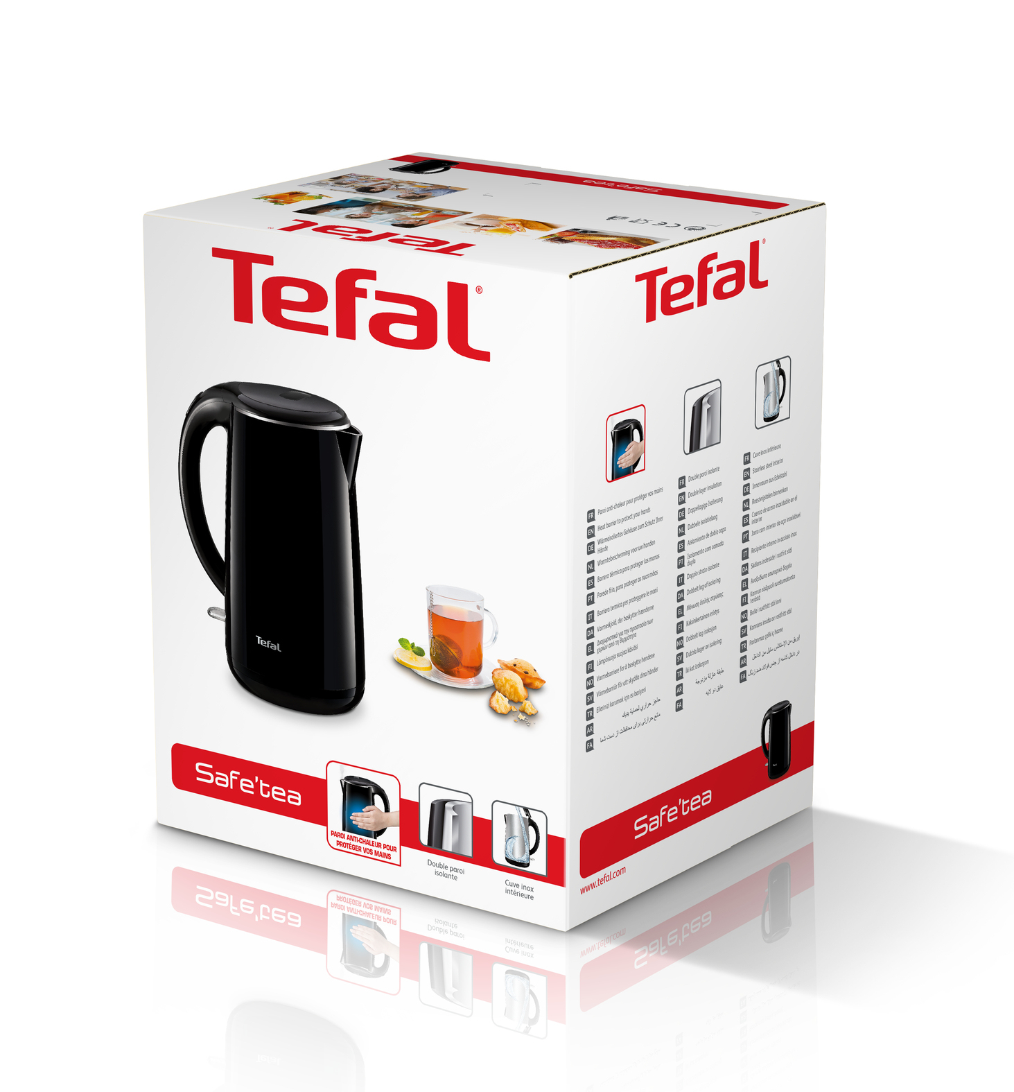 Bollitore Tefal nero con tazza di tè sulla confezione.