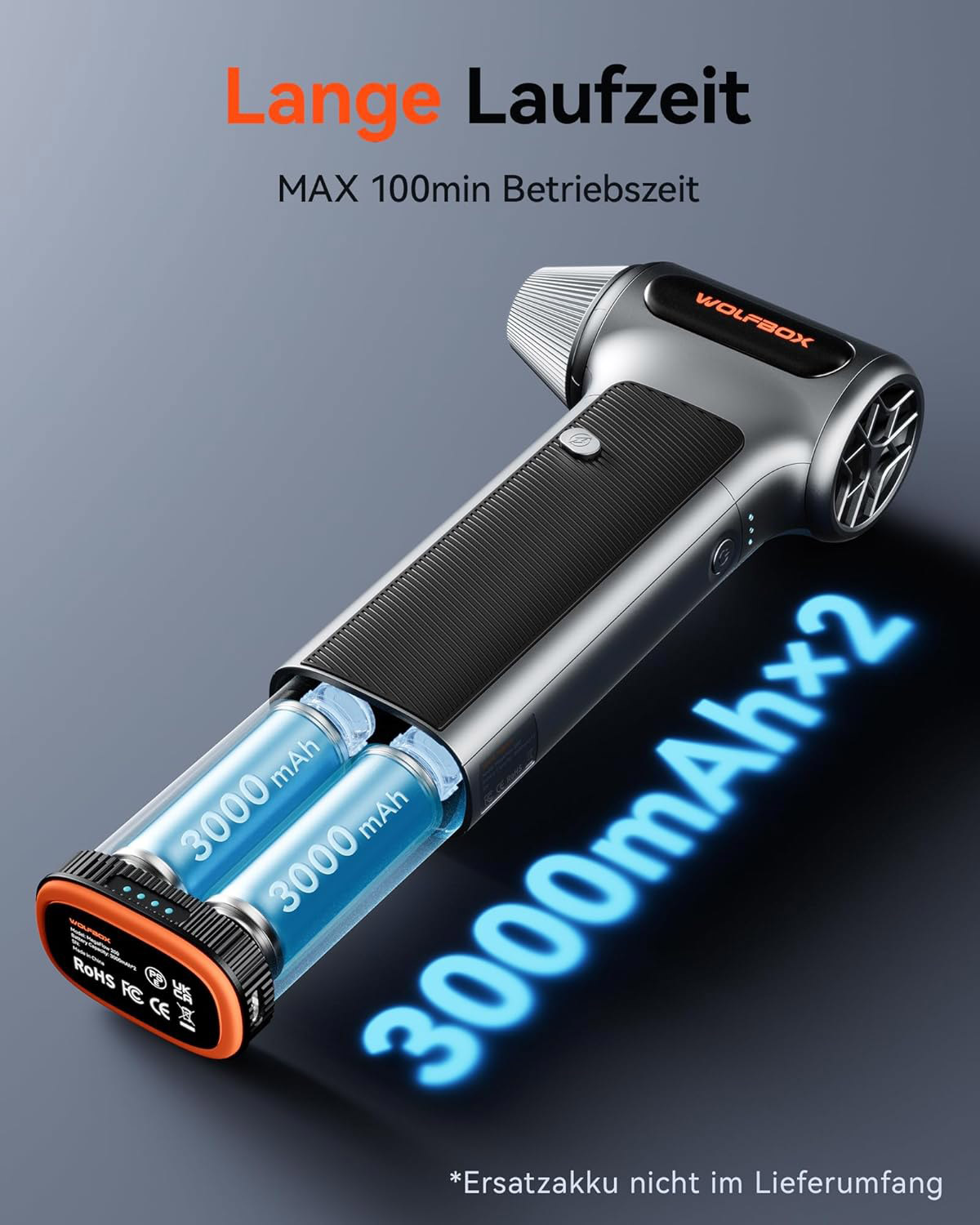 Grauer WOLFBOX Akku-Pack mit zwei 3000mAh Batterien und 100min Laufzeit.