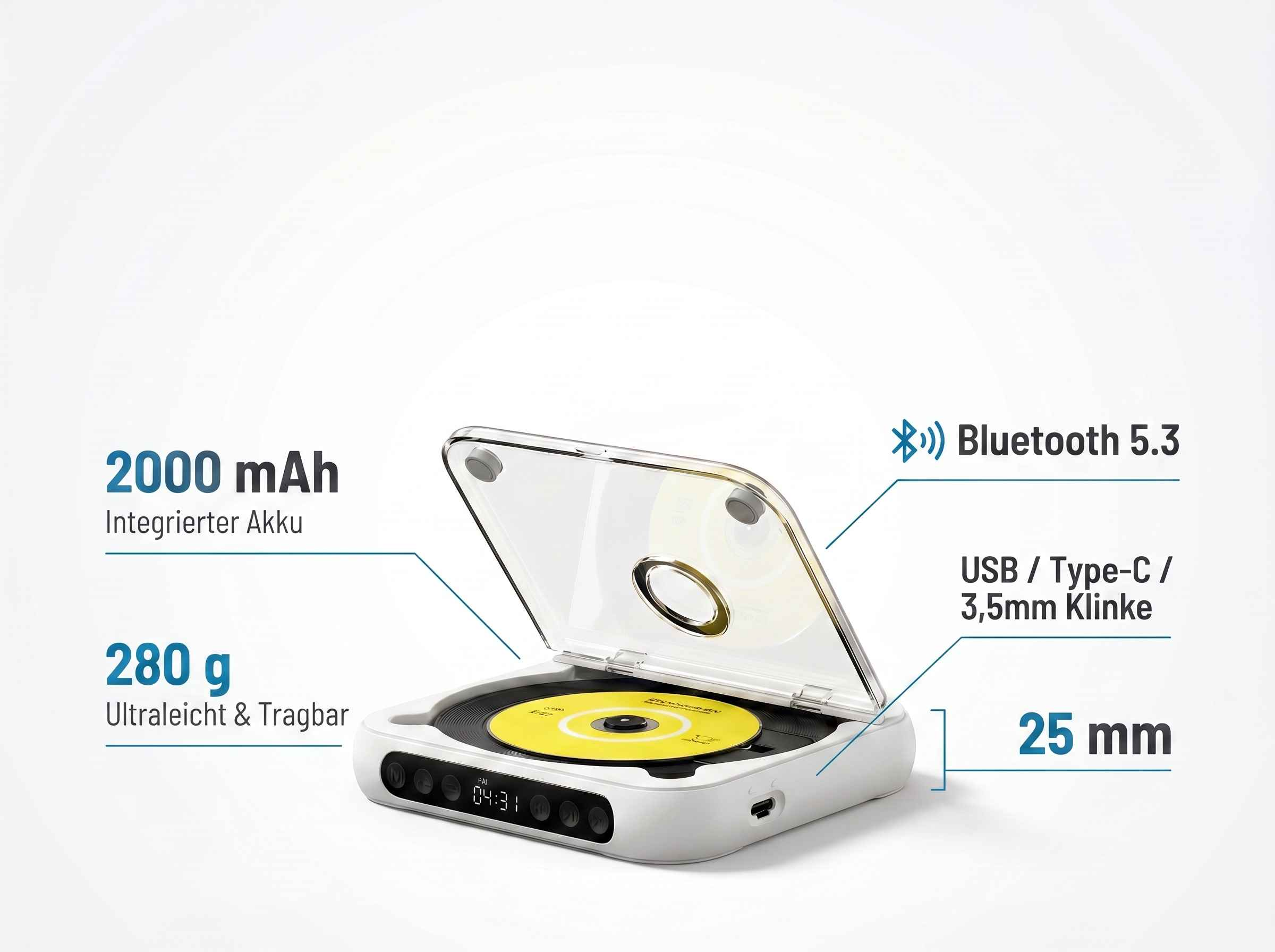 Tragbarer CD-Player mit 2000 mAh Akku, Bluetooth 5.3, USB-C und 3,5mm Klinke.