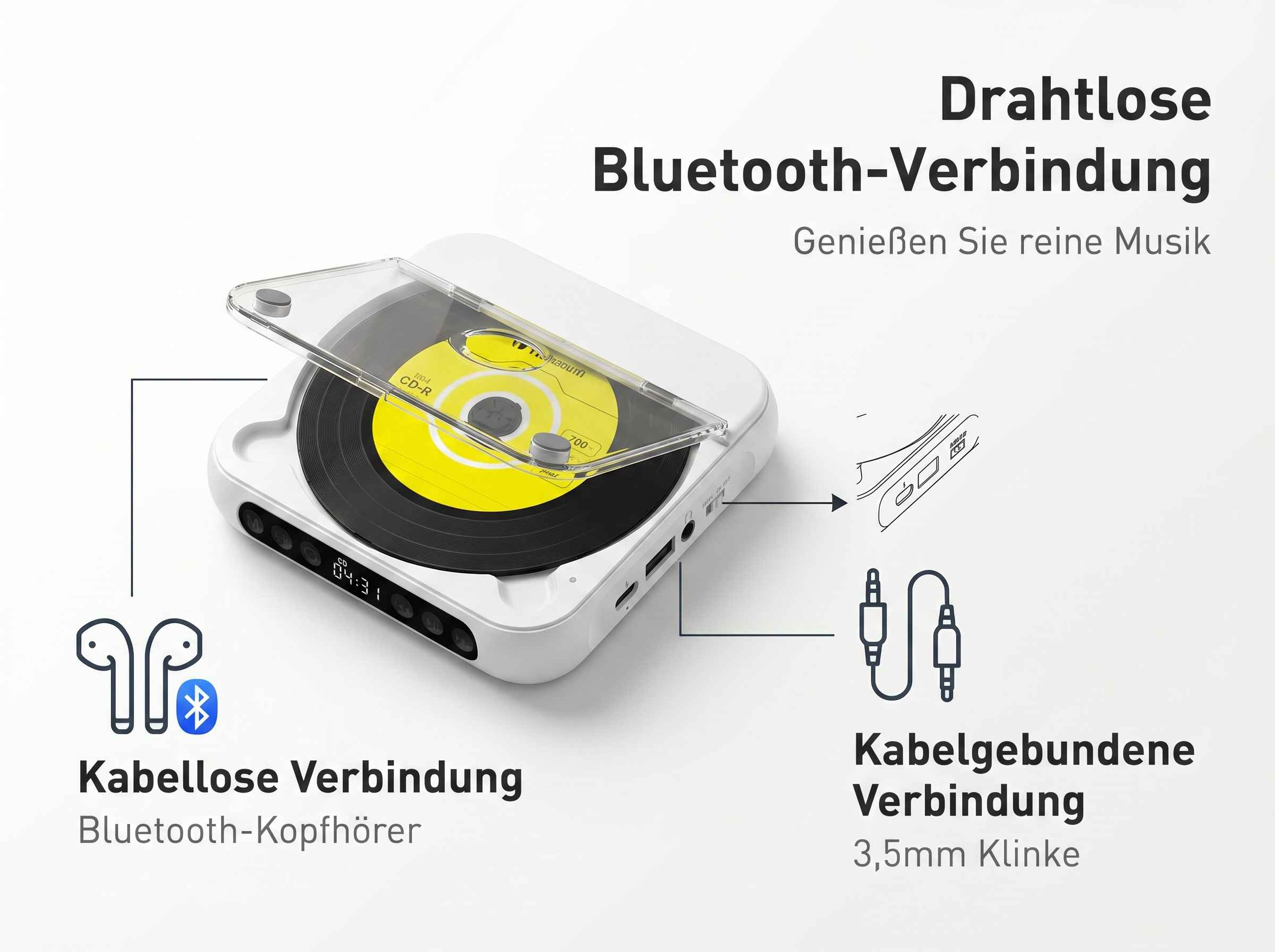 Ein weißer CD-Player mit CD, Bluetooth-Symbol und Kopfhörersymbol.
