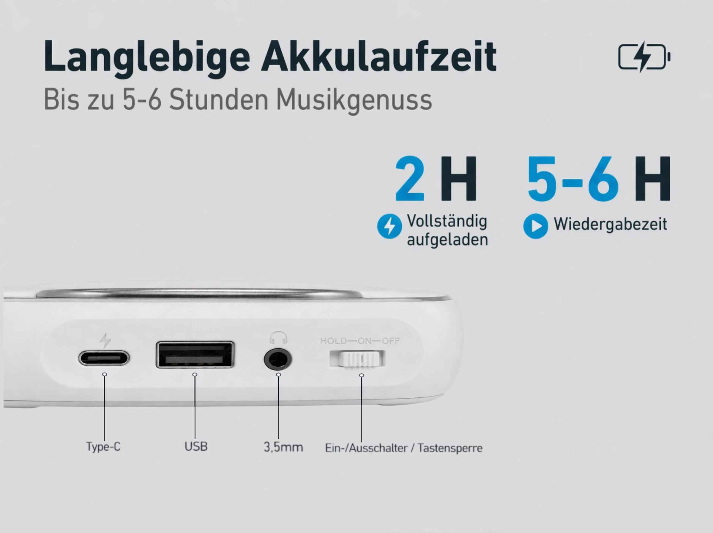 Ein weißes Gerät mit Anschlüssen: Type-C, USB, 3,5mm und Schalter.